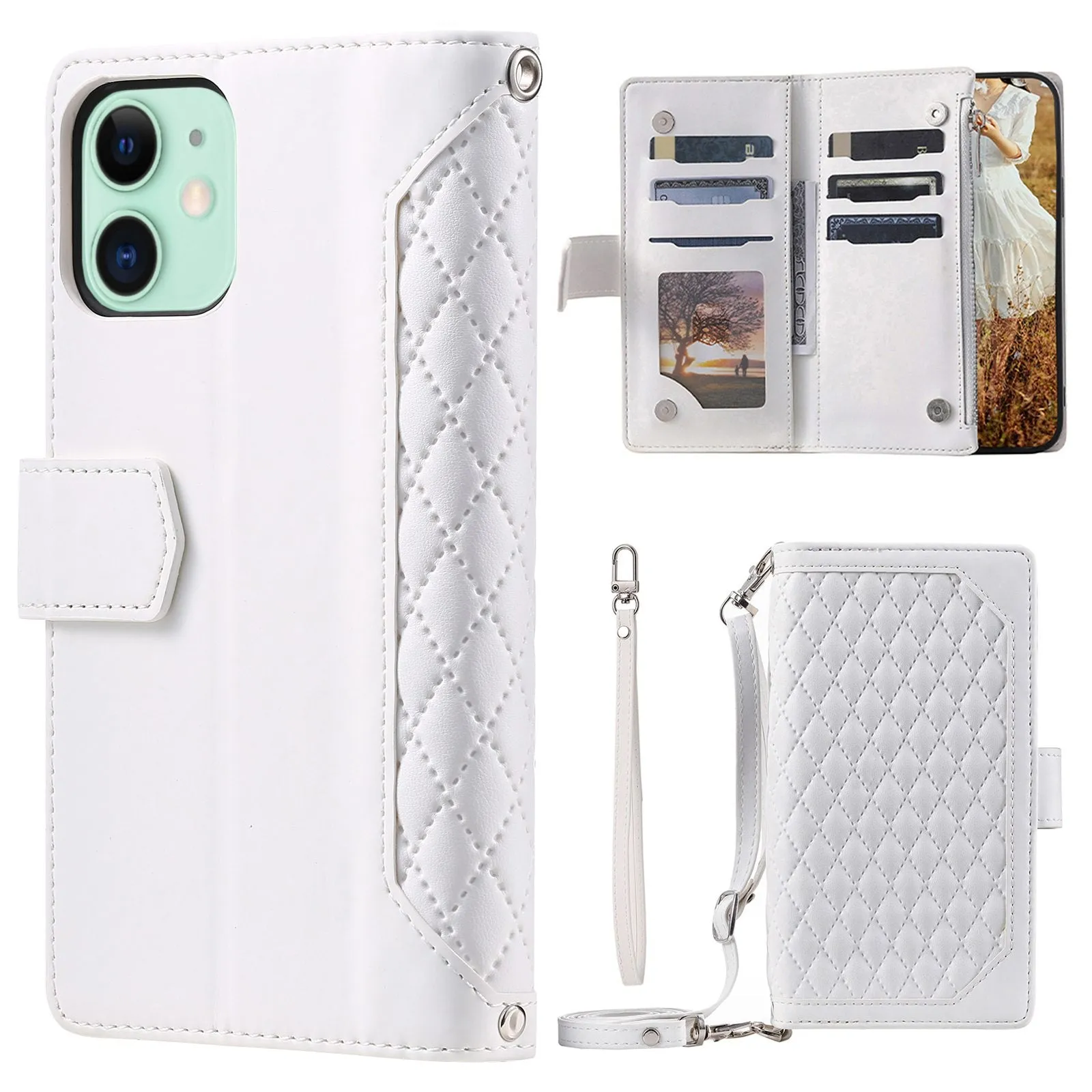 005 Style Phone Cover For iPhone 12 mini 5.4 inch, Wear-resistant Rhombus Texture PU Leather Flip Case Zipper Pocket Wallet Stand Card Holder with Strap