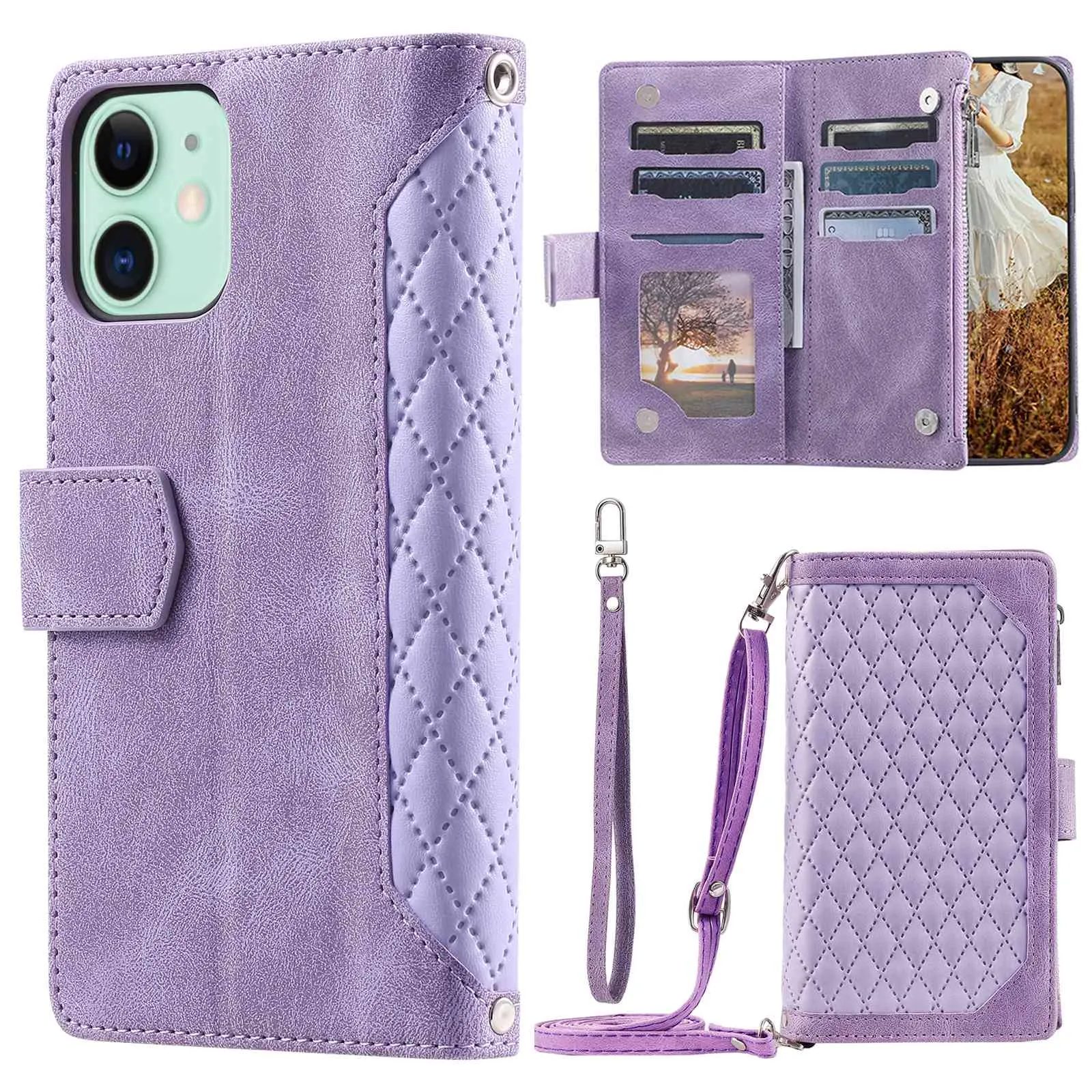 005 Style Phone Cover For iPhone 12 mini 5.4 inch, Wear-resistant Rhombus Texture PU Leather Flip Case Zipper Pocket Wallet Stand Card Holder with Strap