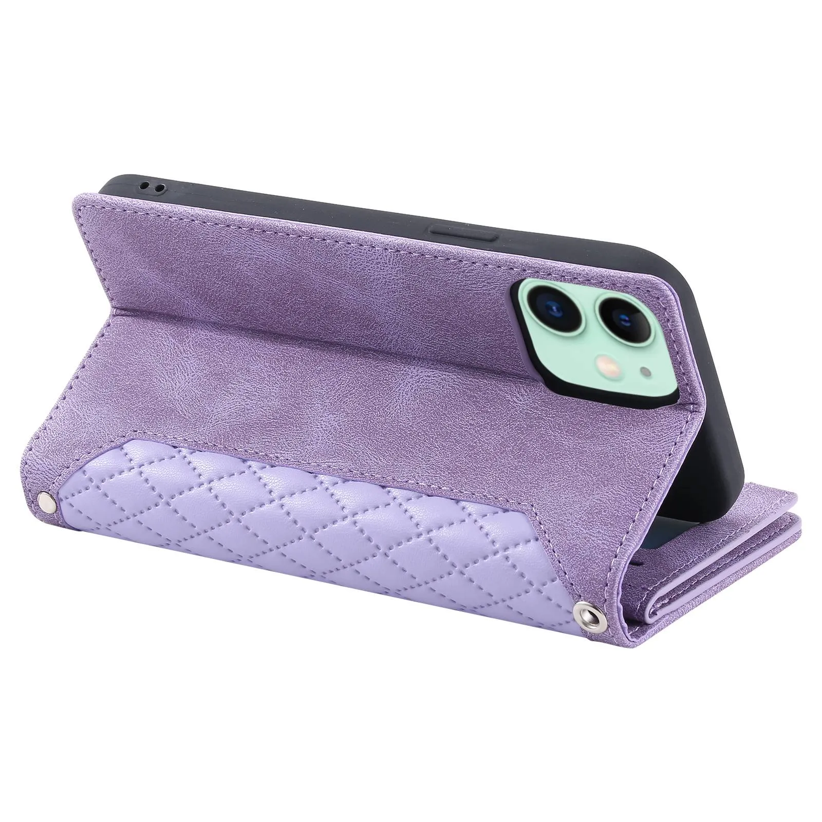 005 Style Phone Cover For iPhone 12 mini 5.4 inch, Wear-resistant Rhombus Texture PU Leather Flip Case Zipper Pocket Wallet Stand Card Holder with Strap