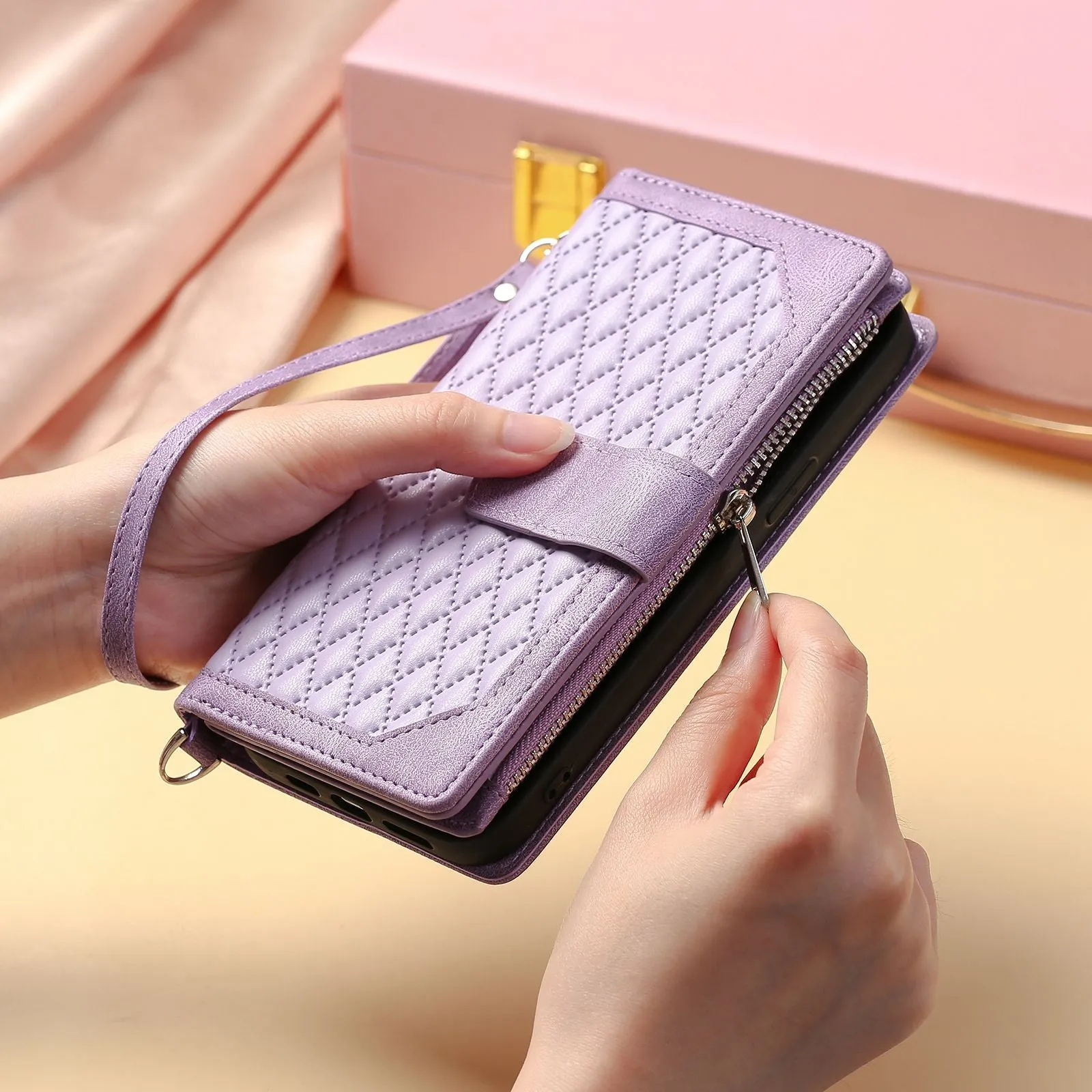 005 Style Phone Cover For iPhone 12 mini 5.4 inch, Wear-resistant Rhombus Texture PU Leather Flip Case Zipper Pocket Wallet Stand Card Holder with Strap