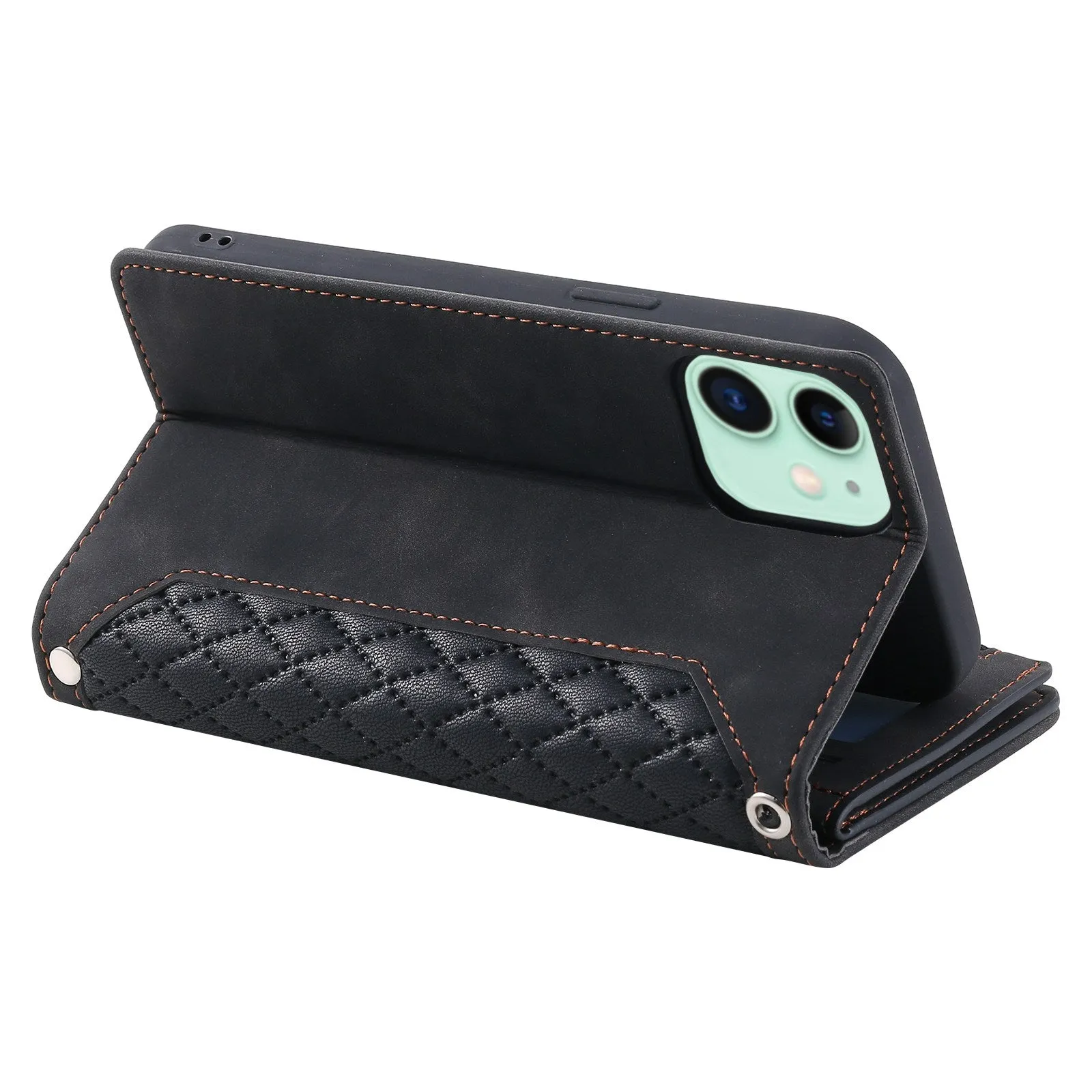 005 Style Phone Cover For iPhone 12 mini 5.4 inch, Wear-resistant Rhombus Texture PU Leather Flip Case Zipper Pocket Wallet Stand Card Holder with Strap