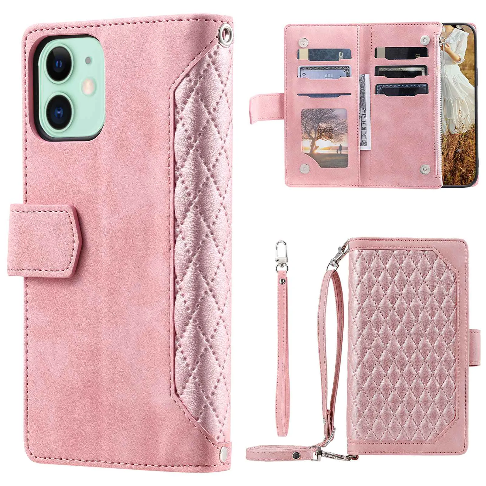 005 Style Phone Cover For iPhone 12 mini 5.4 inch, Wear-resistant Rhombus Texture PU Leather Flip Case Zipper Pocket Wallet Stand Card Holder with Strap