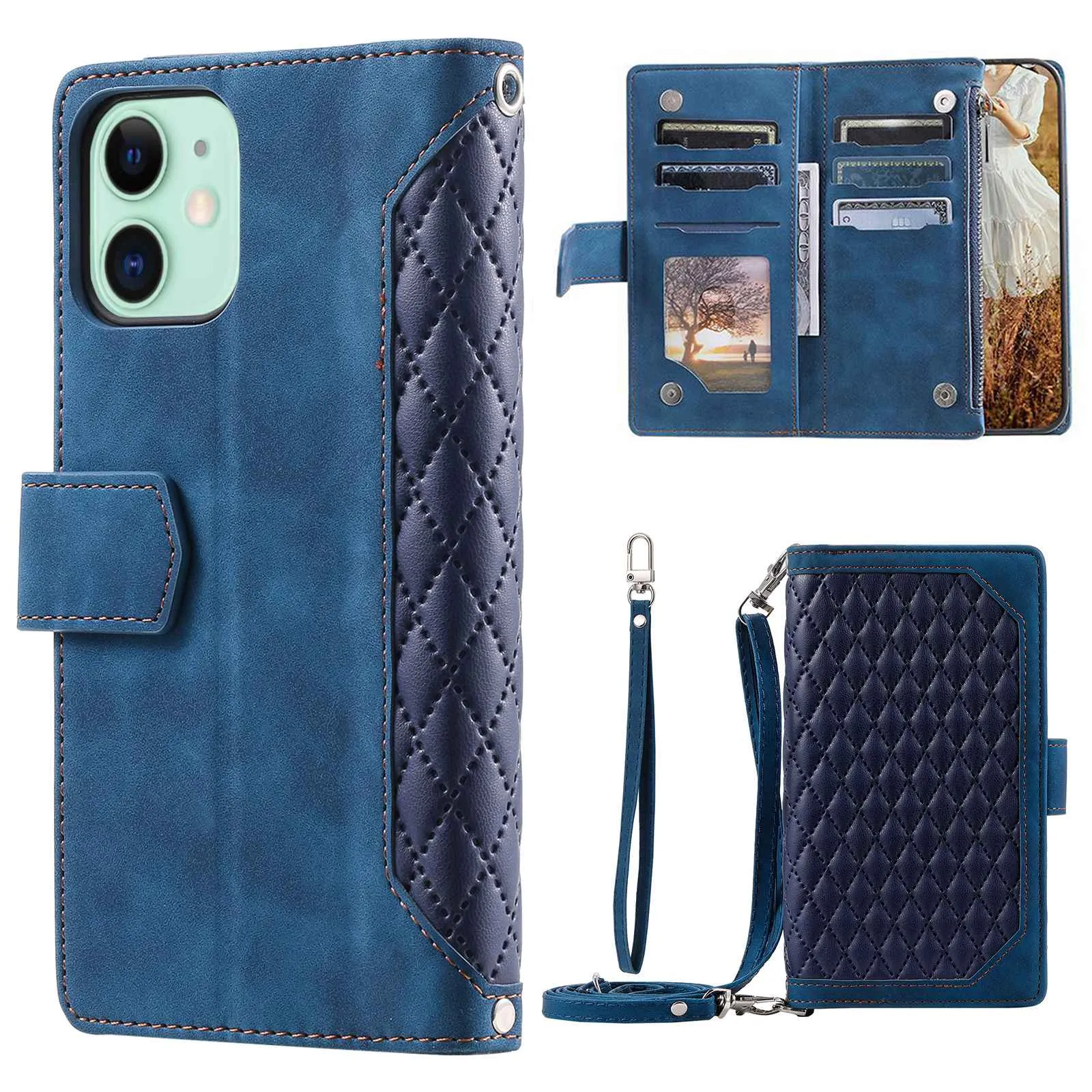 005 Style Phone Cover For iPhone 12 mini 5.4 inch, Wear-resistant Rhombus Texture PU Leather Flip Case Zipper Pocket Wallet Stand Card Holder with Strap