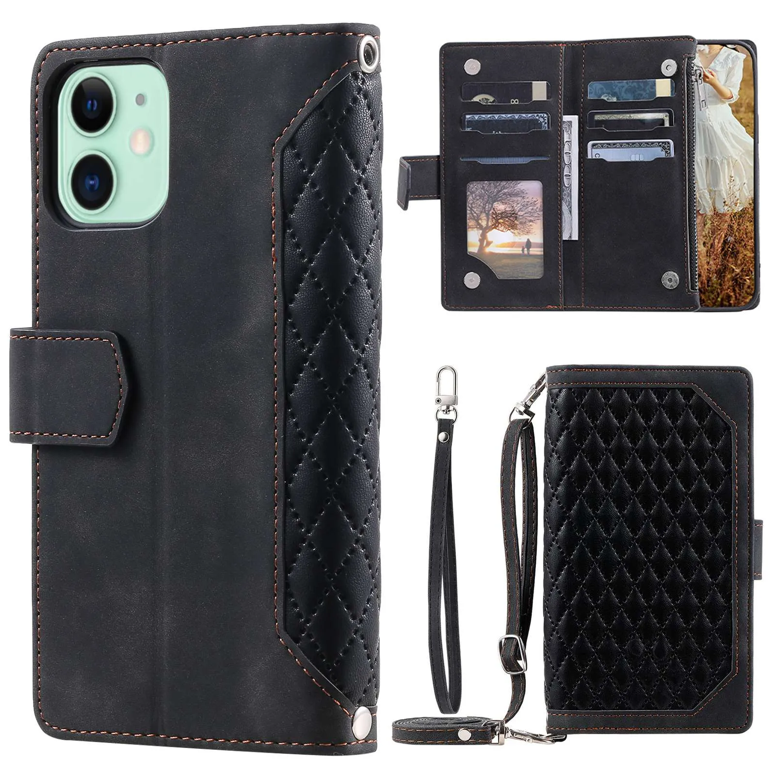 005 Style Phone Cover For iPhone 12 mini 5.4 inch, Wear-resistant Rhombus Texture PU Leather Flip Case Zipper Pocket Wallet Stand Card Holder with Strap