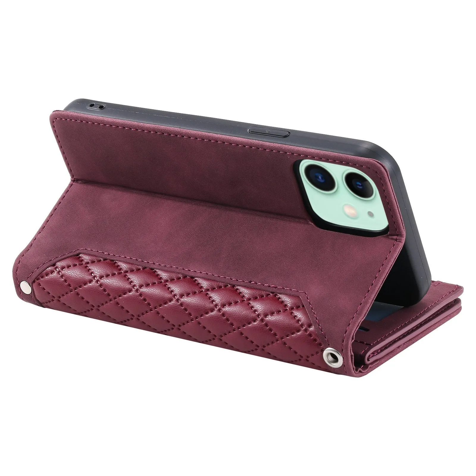 005 Style Phone Cover For iPhone 12 mini 5.4 inch, Wear-resistant Rhombus Texture PU Leather Flip Case Zipper Pocket Wallet Stand Card Holder with Strap