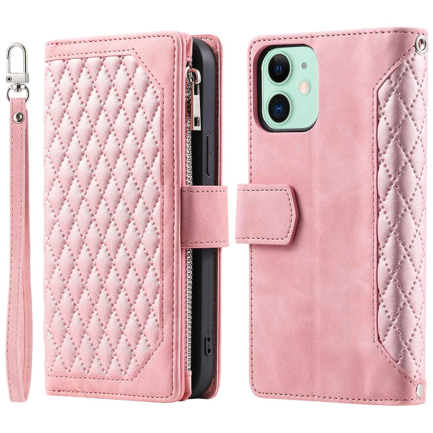 005 Style PU Leather Zipper Pocket Case for iPhone 12 mini 5.4 inch, Stand Rhombus Texture Anti-drop Phone Wallet Cover with Wrist Strap