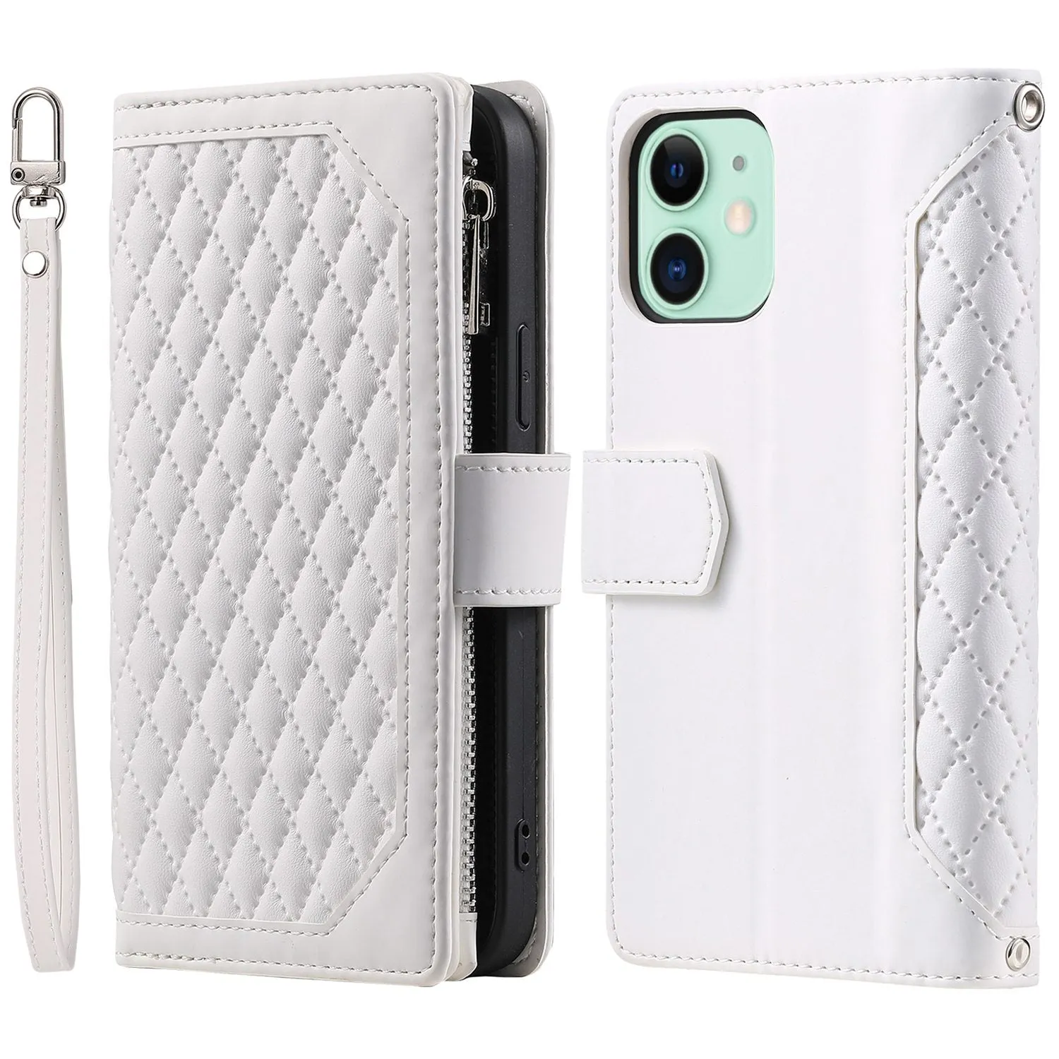 005 Style PU Leather Zipper Pocket Case for iPhone 12 mini 5.4 inch, Stand Rhombus Texture Anti-drop Phone Wallet Cover with Wrist Strap