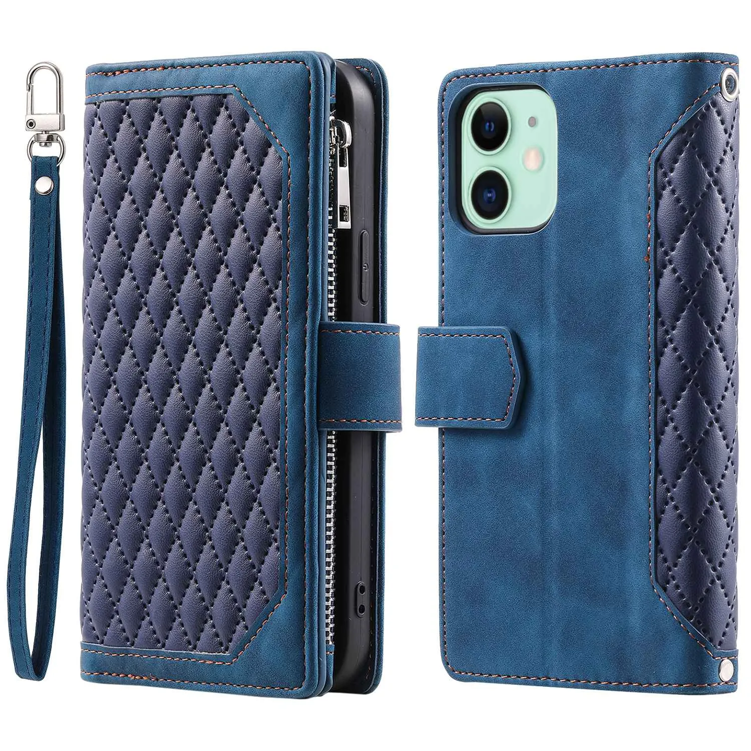 005 Style PU Leather Zipper Pocket Case for iPhone 12 mini 5.4 inch, Stand Rhombus Texture Anti-drop Phone Wallet Cover with Wrist Strap