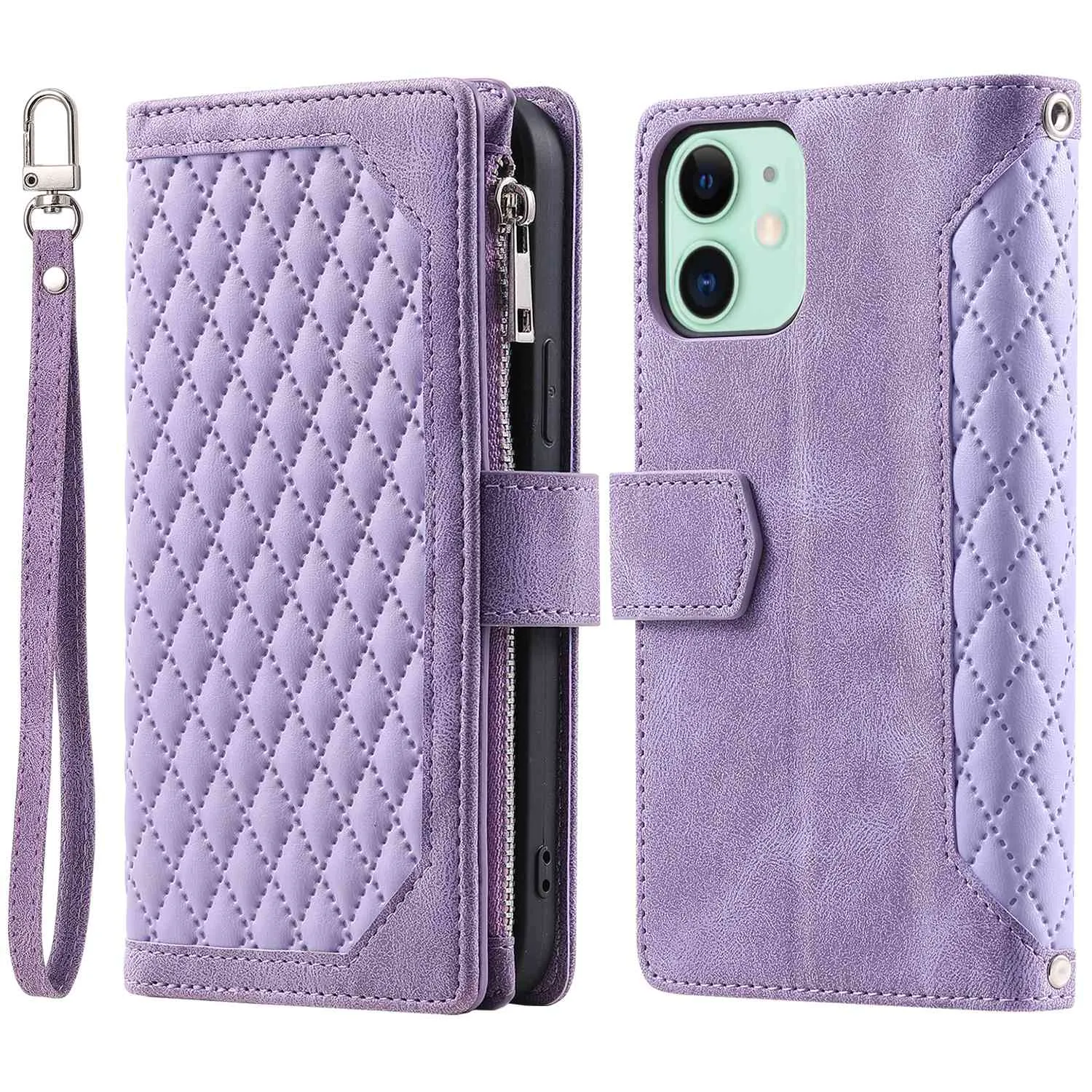 005 Style PU Leather Zipper Pocket Case for iPhone 12 mini 5.4 inch, Stand Rhombus Texture Anti-drop Phone Wallet Cover with Wrist Strap