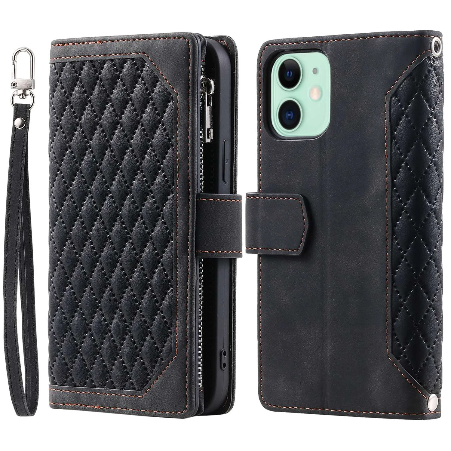 005 Style PU Leather Zipper Pocket Case for iPhone 12 mini 5.4 inch, Stand Rhombus Texture Anti-drop Phone Wallet Cover with Wrist Strap