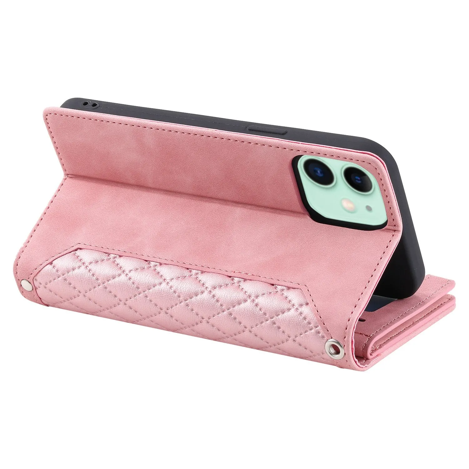 005 Style PU Leather Zipper Pocket Case for iPhone 12 mini 5.4 inch, Stand Rhombus Texture Anti-drop Phone Wallet Cover with Wrist Strap