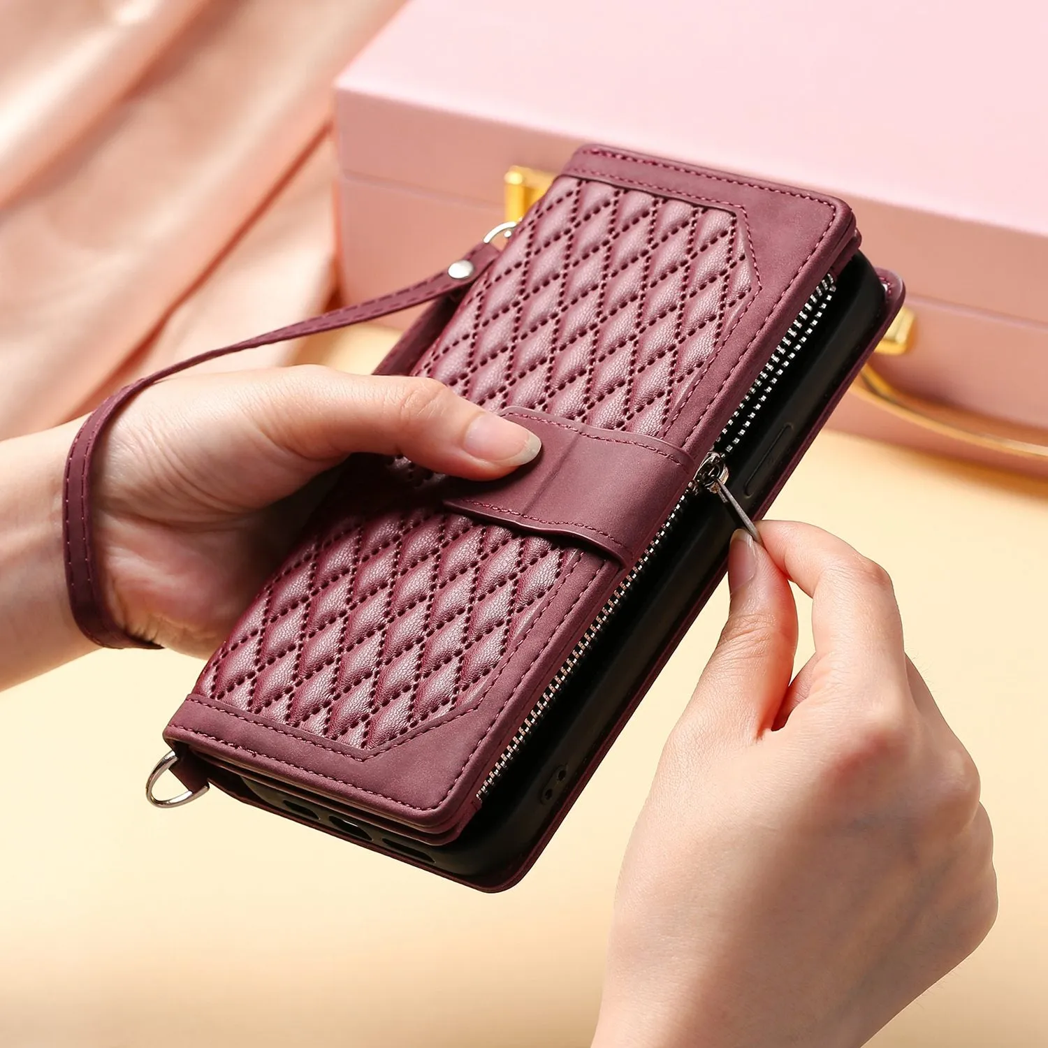 005 Style PU Leather Zipper Pocket Case for iPhone 12 mini 5.4 inch, Stand Rhombus Texture Anti-drop Phone Wallet Cover with Wrist Strap