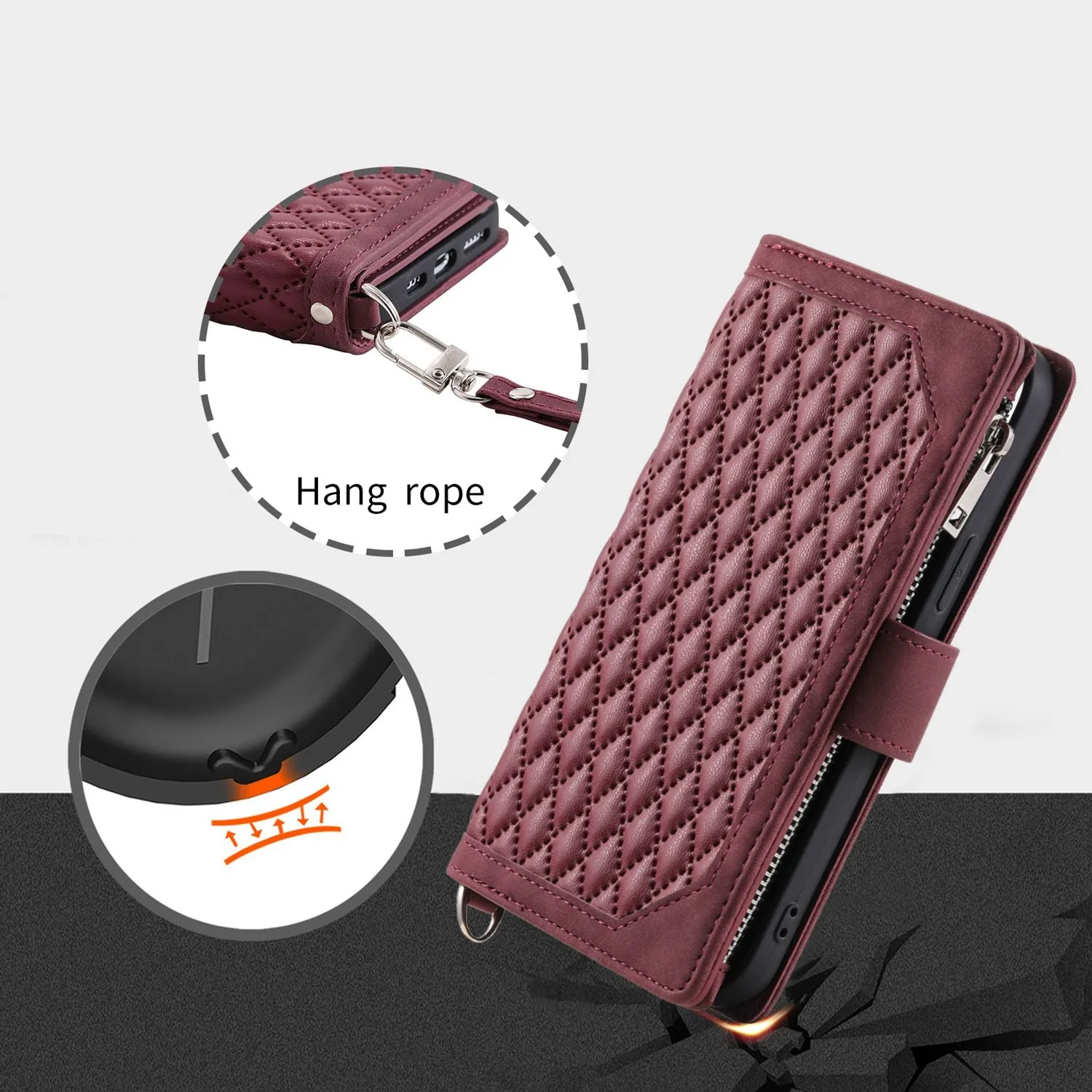 005 Style PU Leather Zipper Pocket Case for iPhone 12 mini 5.4 inch, Stand Rhombus Texture Anti-drop Phone Wallet Cover with Wrist Strap