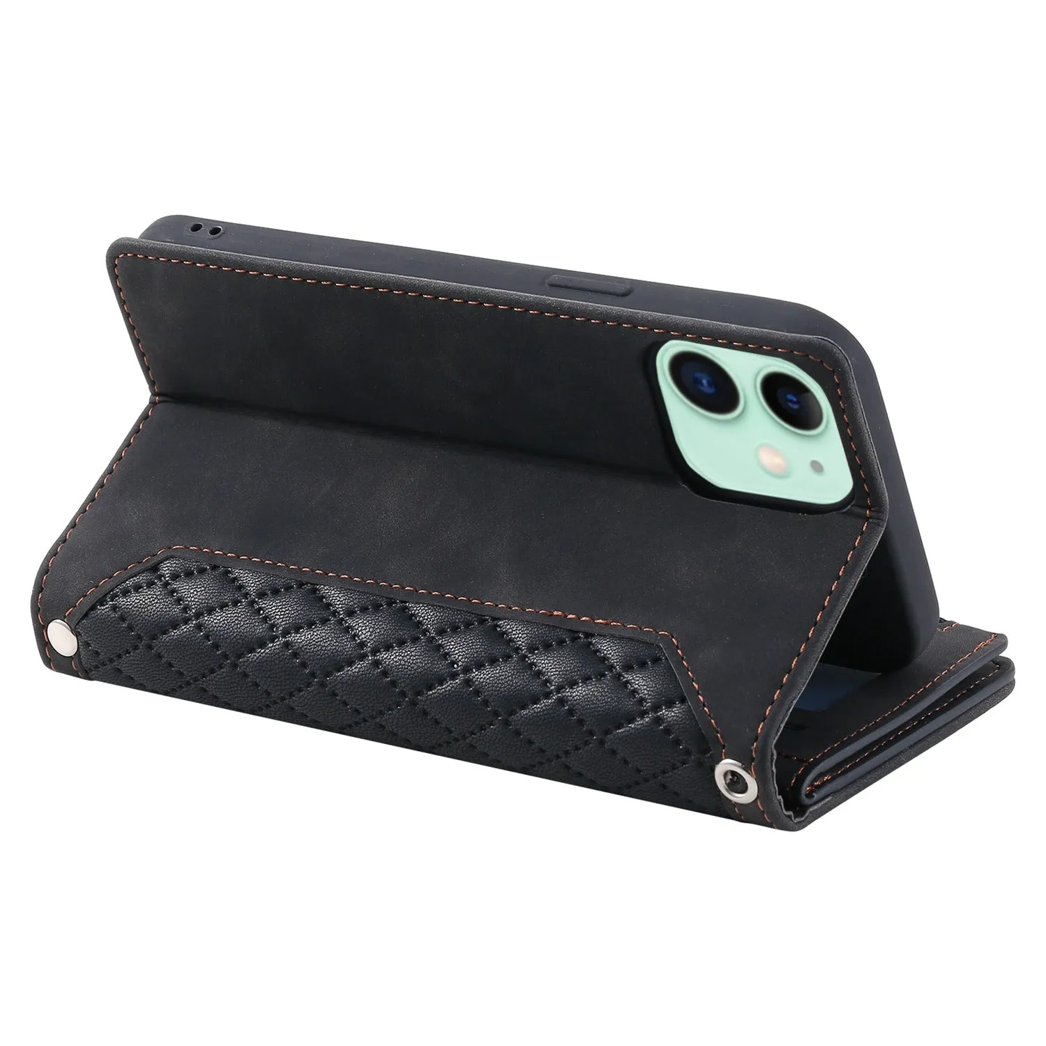 005 Style PU Leather Zipper Pocket Case for iPhone 12 mini 5.4 inch, Stand Rhombus Texture Anti-drop Phone Wallet Cover with Wrist Strap