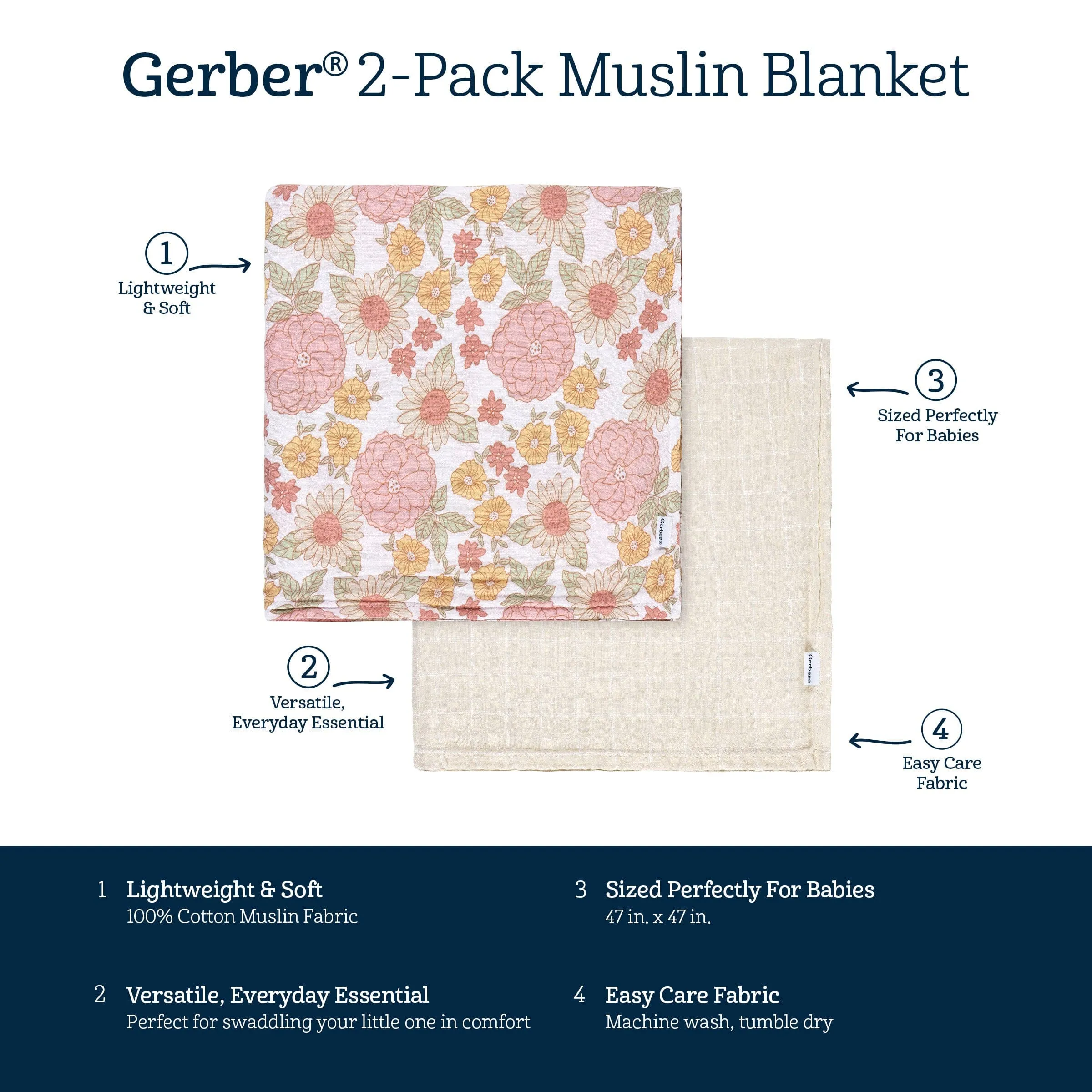 2-Pack Baby Girls Retro Floral Muslin Blankets