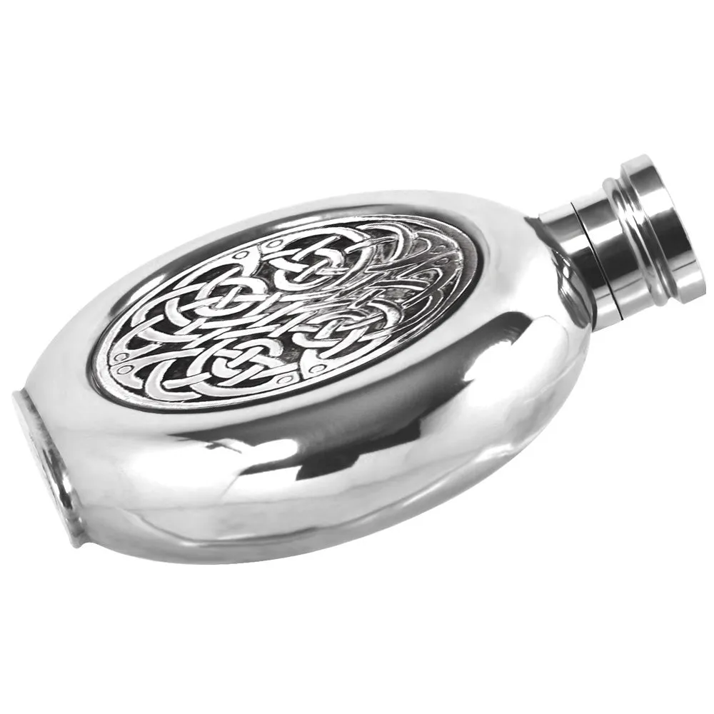 4oz Round Pewter Hip Flask with Celtic Knot Badge