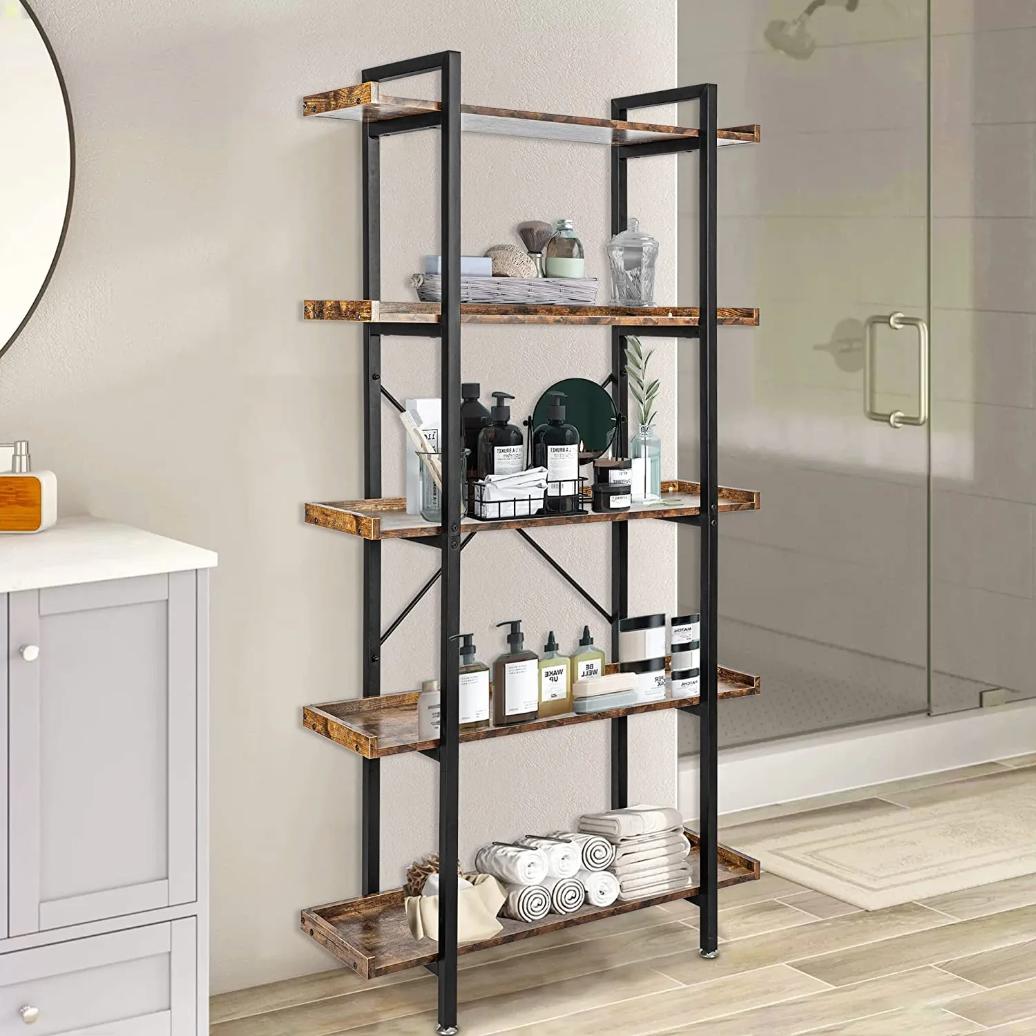 5 Tier Bookshelf Industrial Wood and Metal Bookcase