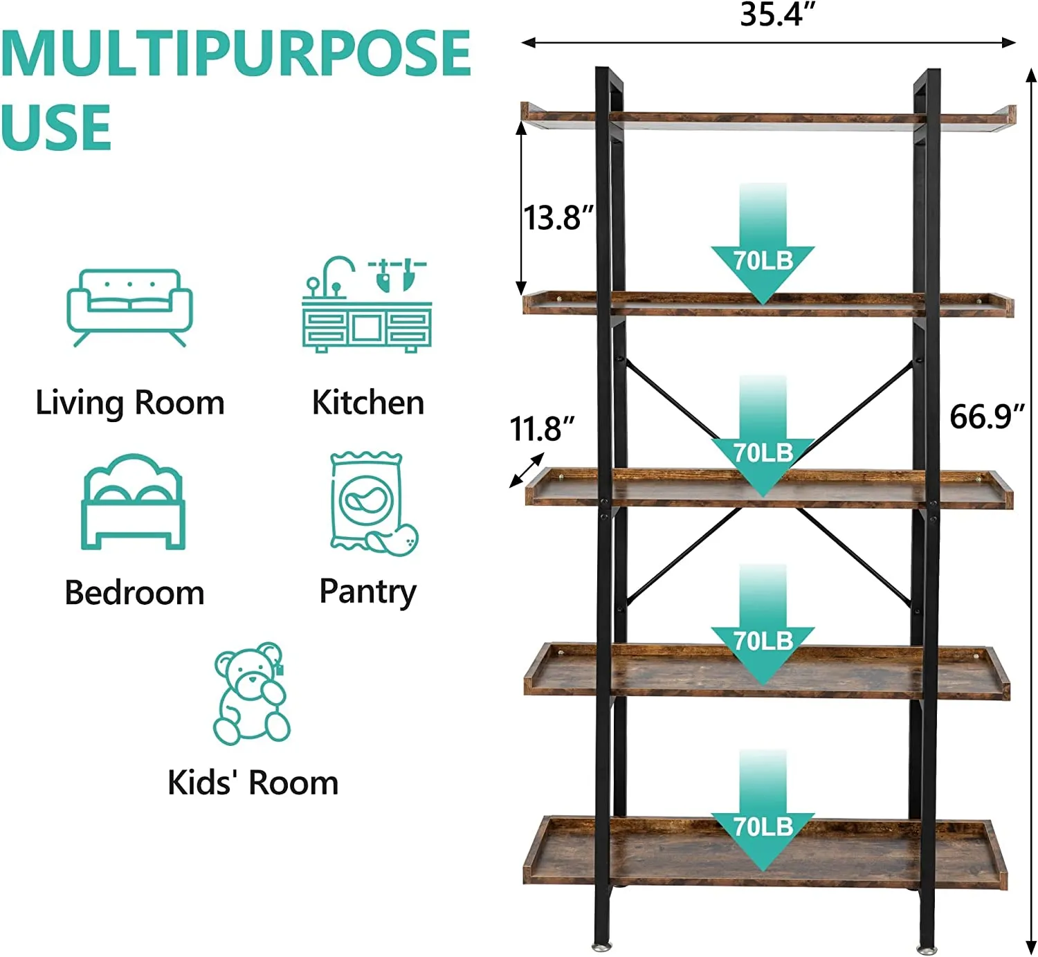 5 Tier Bookshelf Industrial Wood and Metal Bookcase