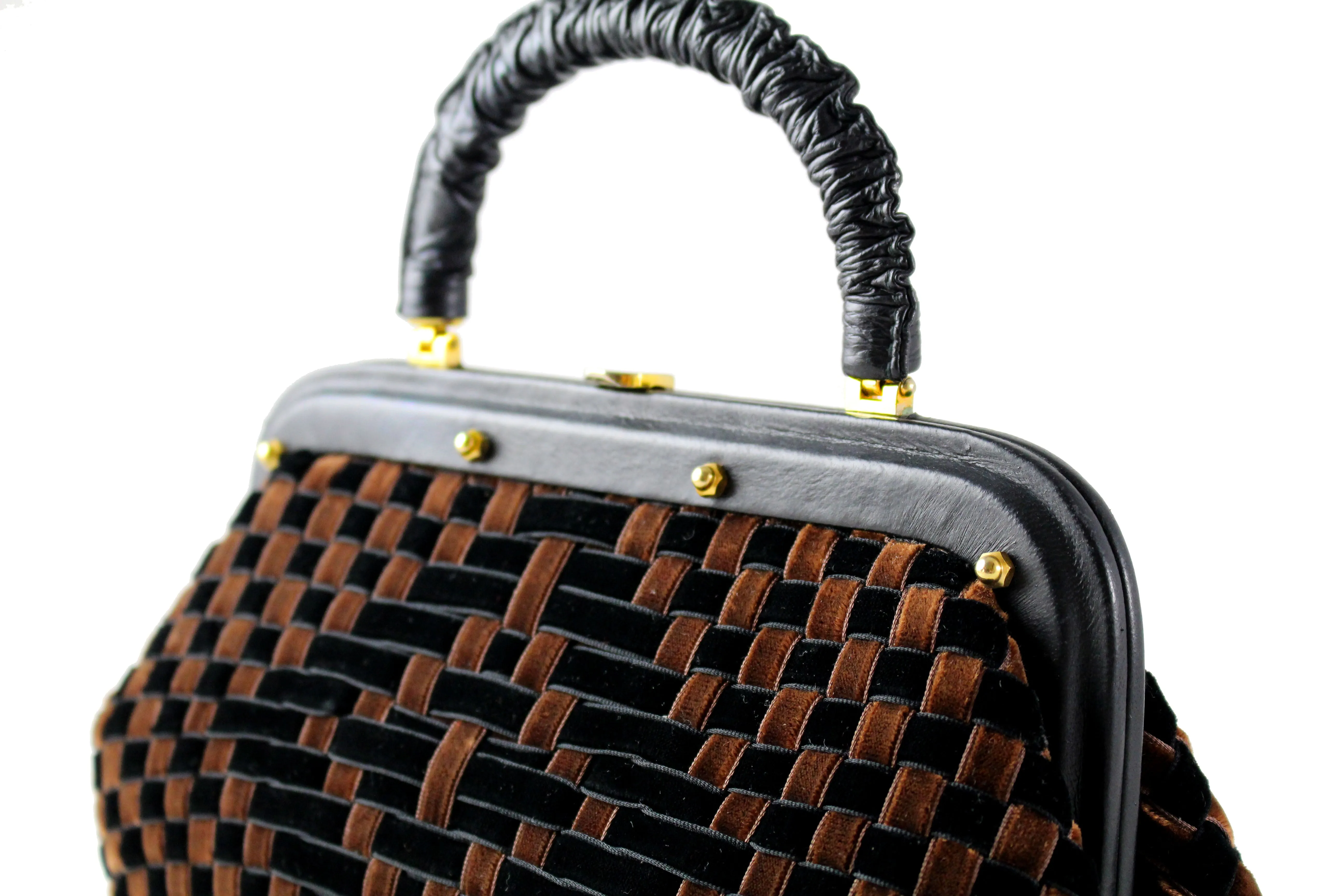 Black and brown woven velvet frame bag