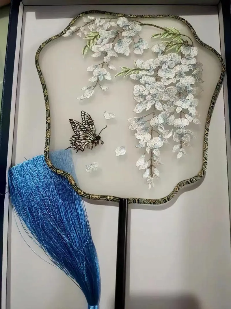 Bluedail Blooming Flowers with Butterfly Single Side Embroidered Handheld Fan Traditional Chinese Fashion