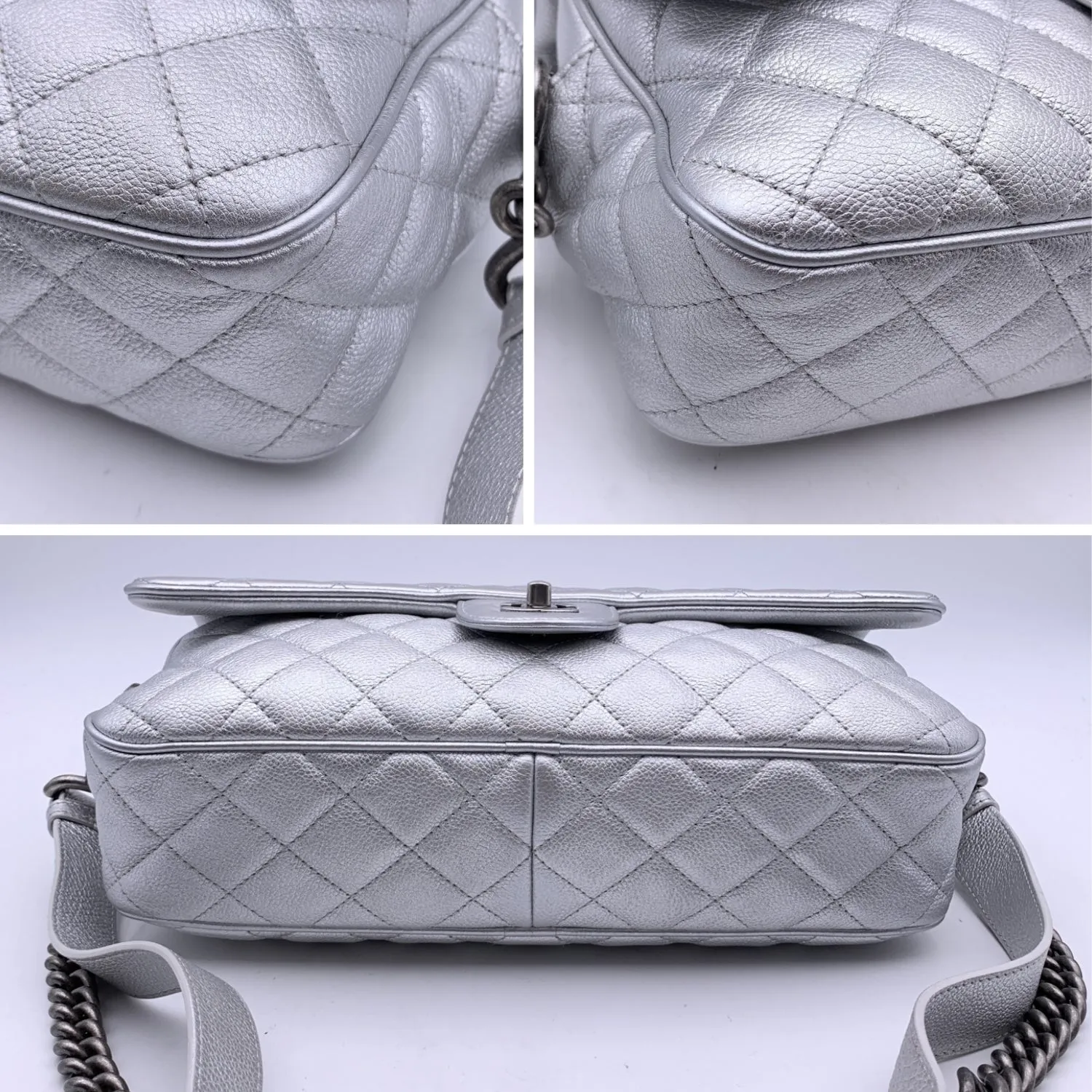 CHANEL Airline 2016 Silver Metal Quilted Leather Easy Flap Shoulder Bag