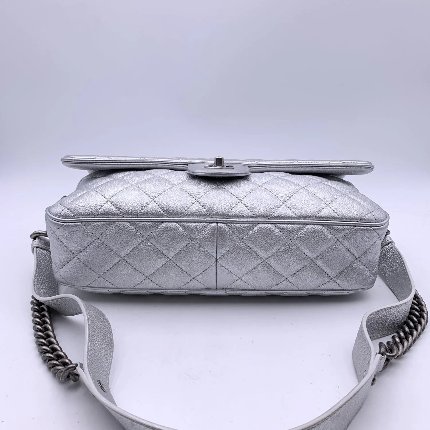 CHANEL Airline 2016 Silver Metal Quilted Leather Easy Flap Shoulder Bag