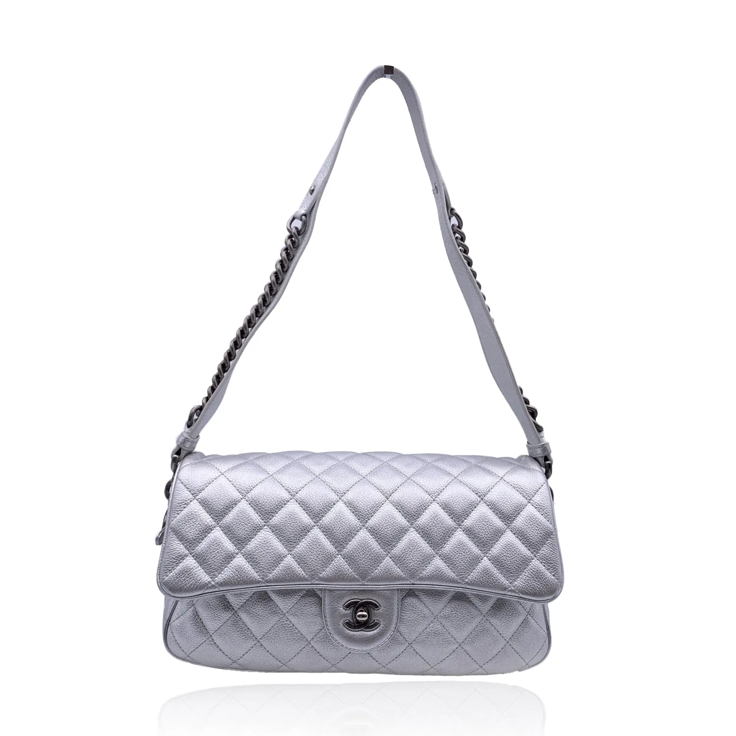 CHANEL Airline 2016 Silver Metal Quilted Leather Easy Flap Shoulder Bag