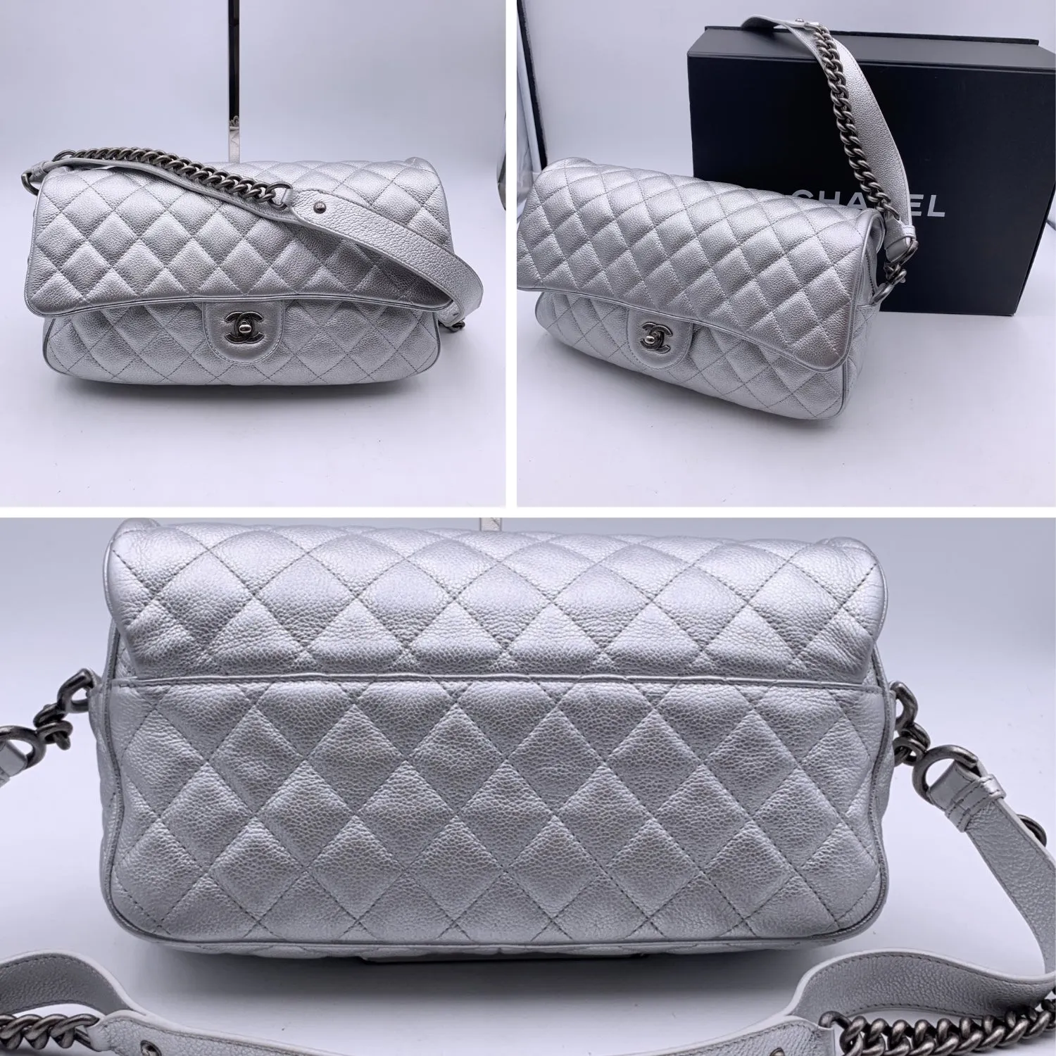 CHANEL Airline 2016 Silver Metal Quilted Leather Easy Flap Shoulder Bag