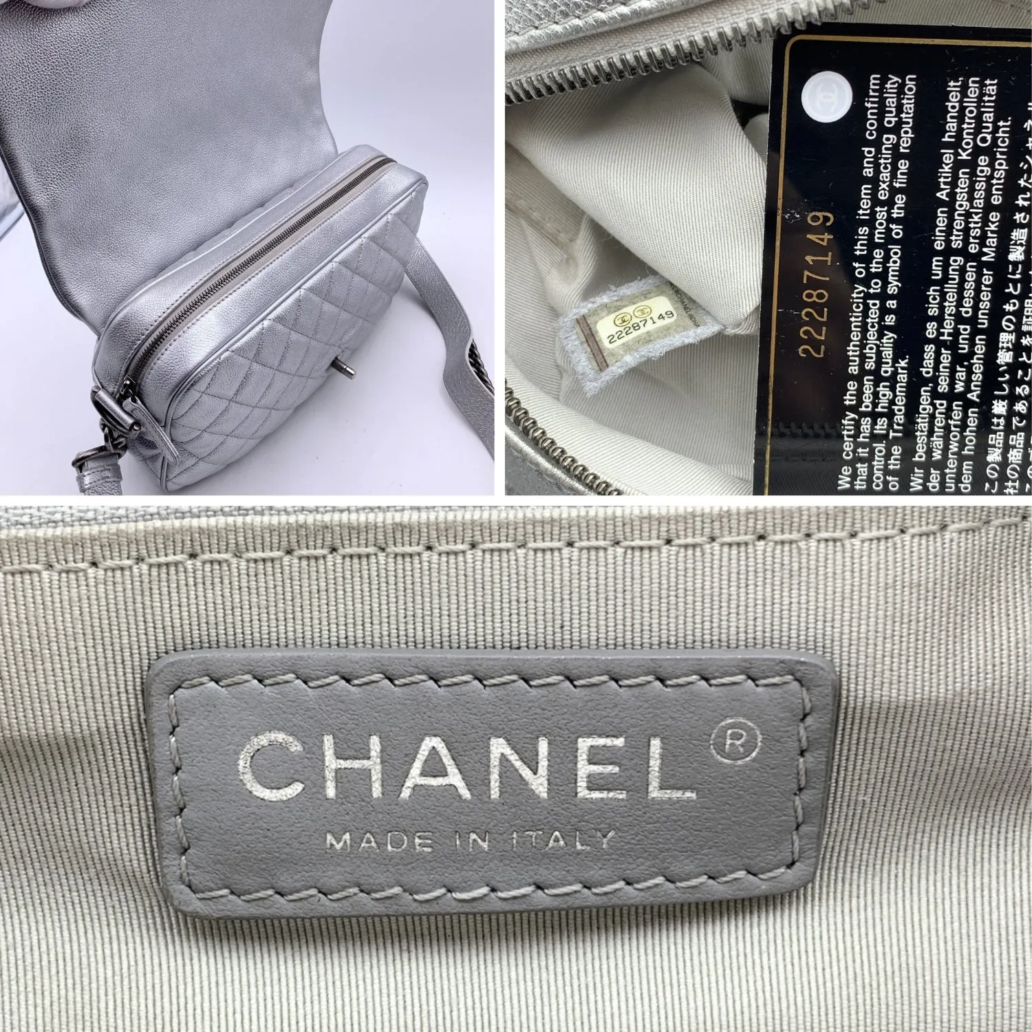 CHANEL Airline 2016 Silver Metal Quilted Leather Easy Flap Shoulder Bag