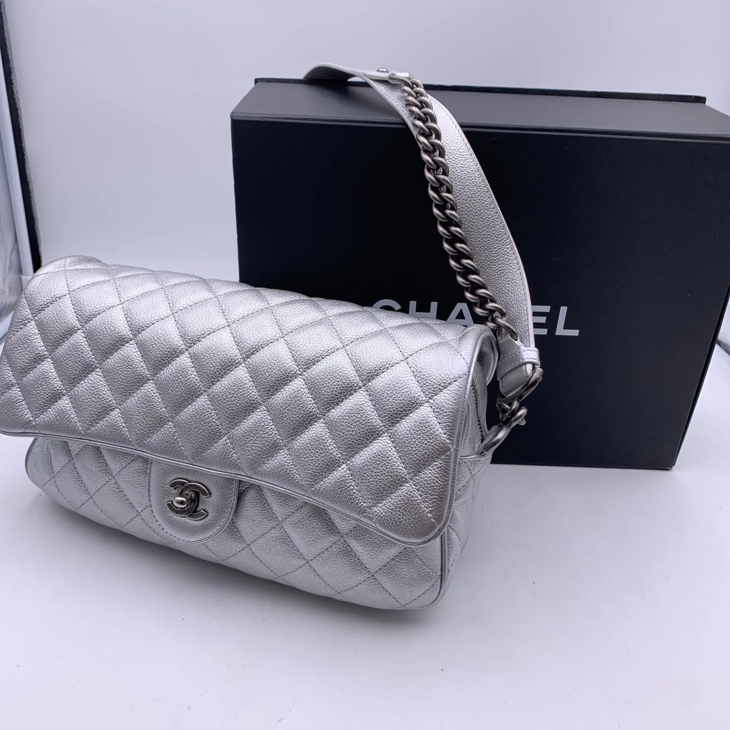 CHANEL Airline 2016 Silver Metal Quilted Leather Easy Flap Shoulder Bag