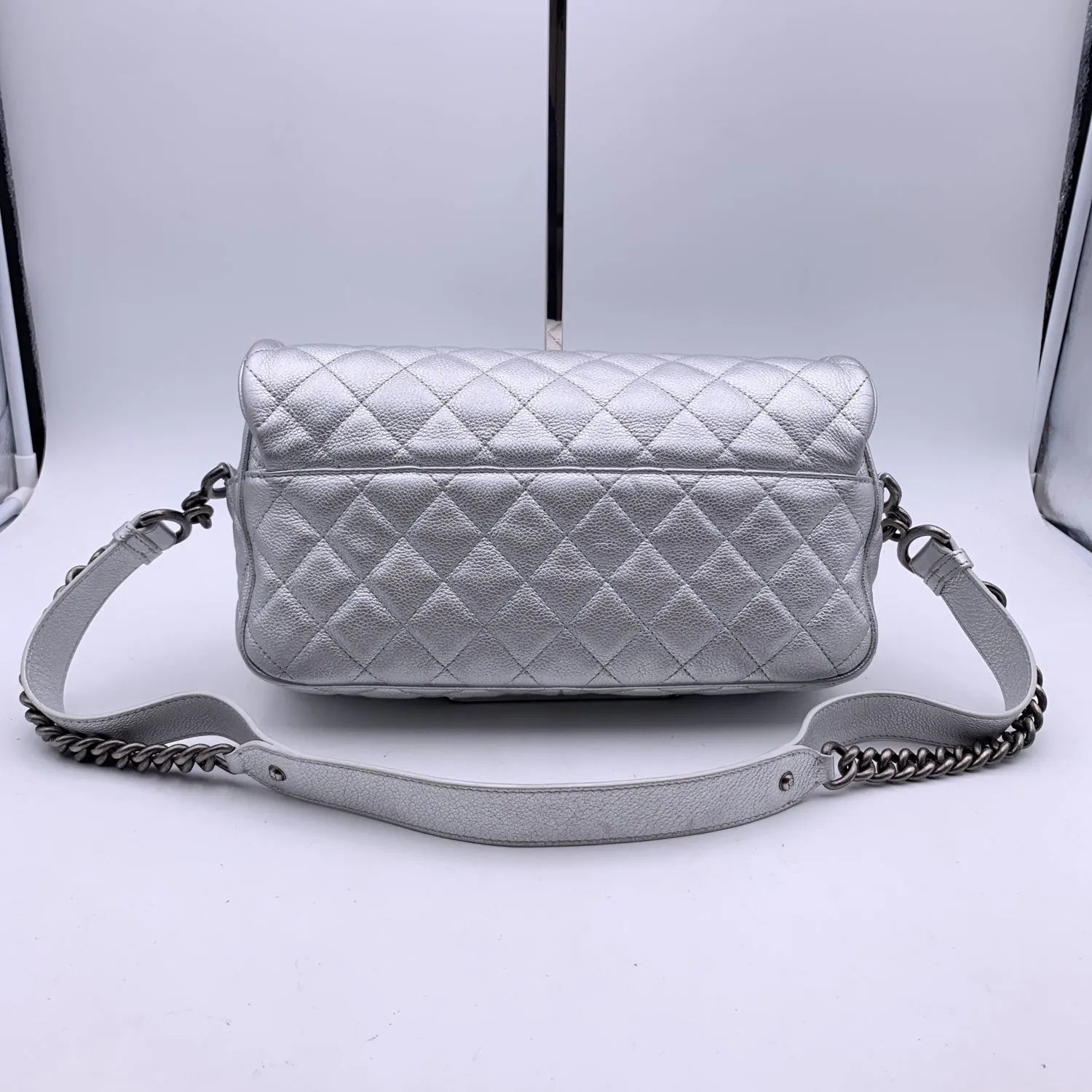 CHANEL Airline 2016 Silver Metal Quilted Leather Easy Flap Shoulder Bag