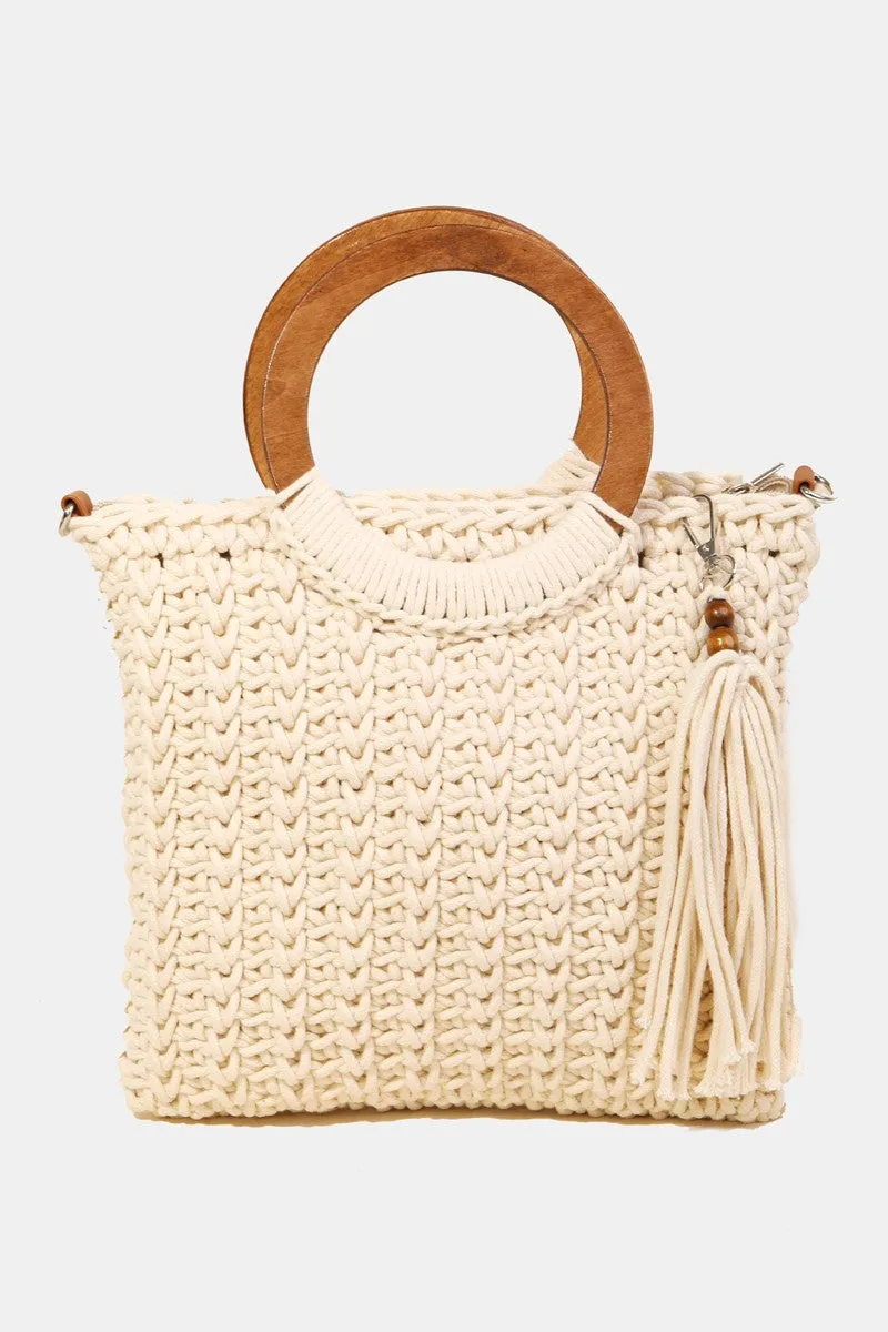 Crochet Knit Convertible Tote Bag with Tassel