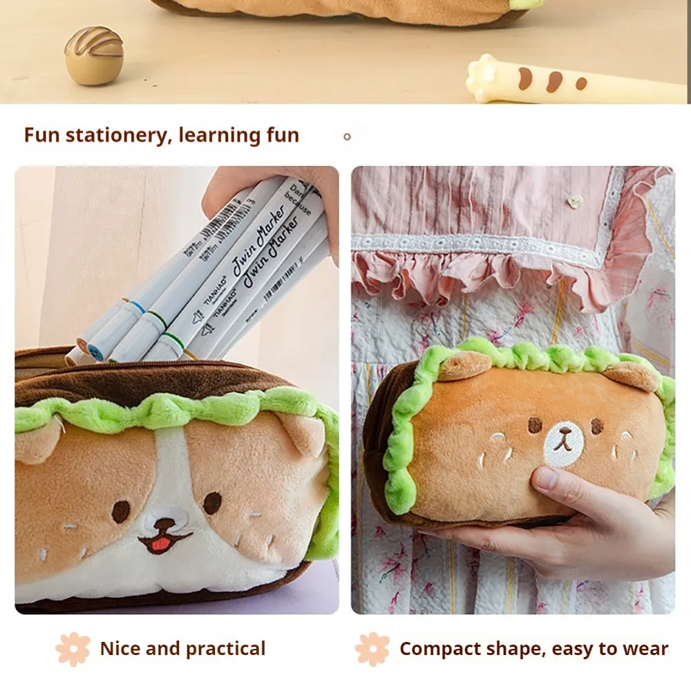 Cute hamburger pencil case, cute, full of fun, embroidery, large capacity, double zipper pullers, soft short plush, healing bear, puppy, burger, fat pencil case