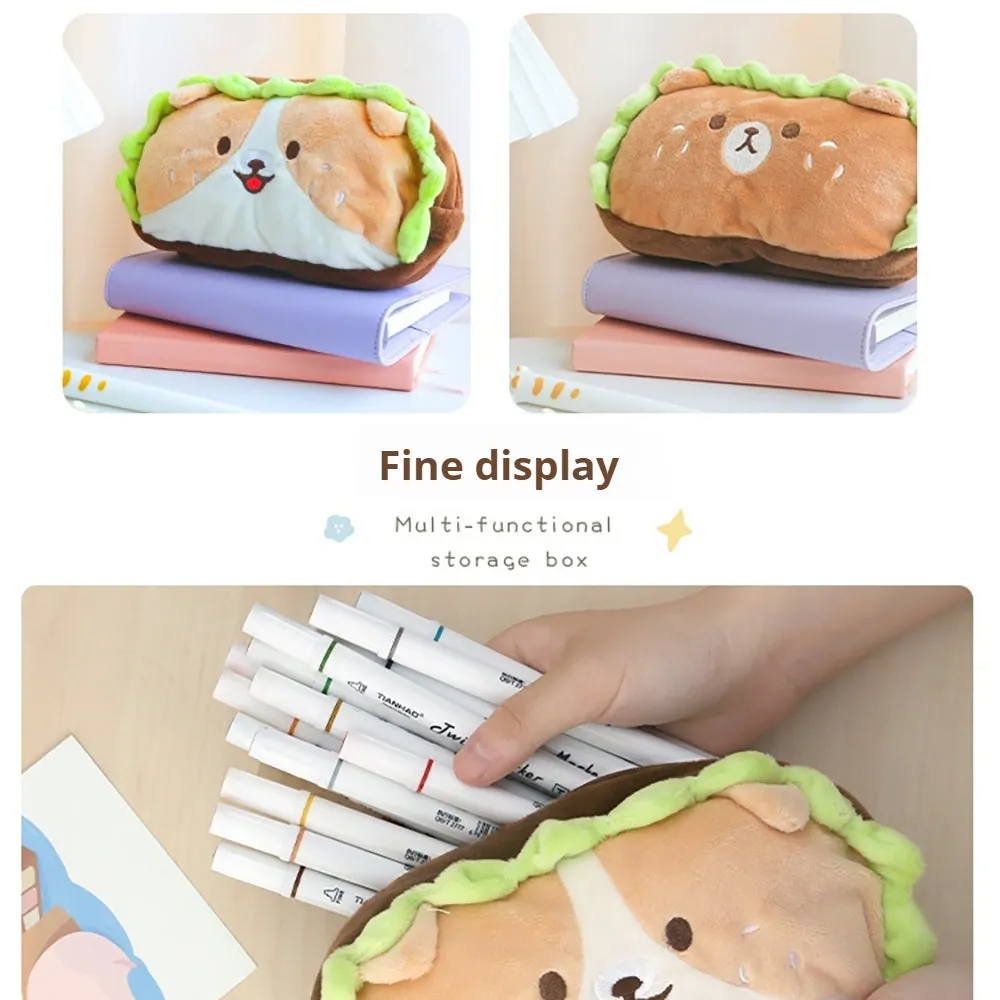 Cute hamburger pencil case, cute, full of fun, embroidery, large capacity, double zipper pullers, soft short plush, healing bear, puppy, burger, fat pencil case