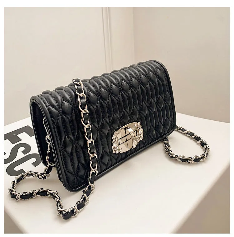 French bag women's bag popular new trendy style pleated wrinkle chain embroidery rhinestone small square bag