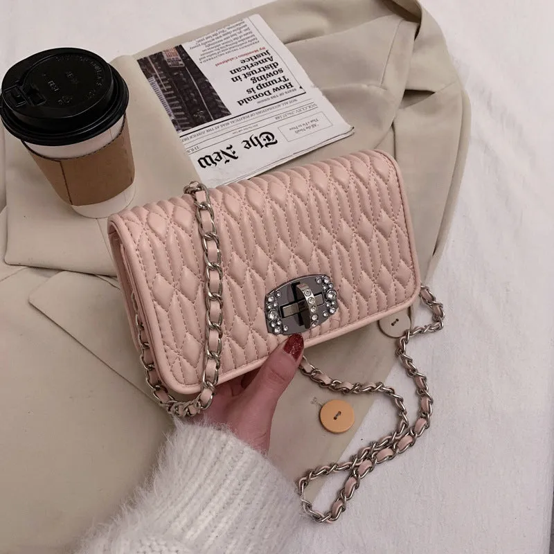 French bag women's bag popular new trendy style pleated wrinkle chain embroidery rhinestone small square bag