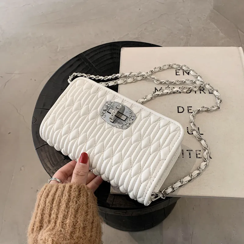 French bag women's bag popular new trendy style pleated wrinkle chain embroidery rhinestone small square bag