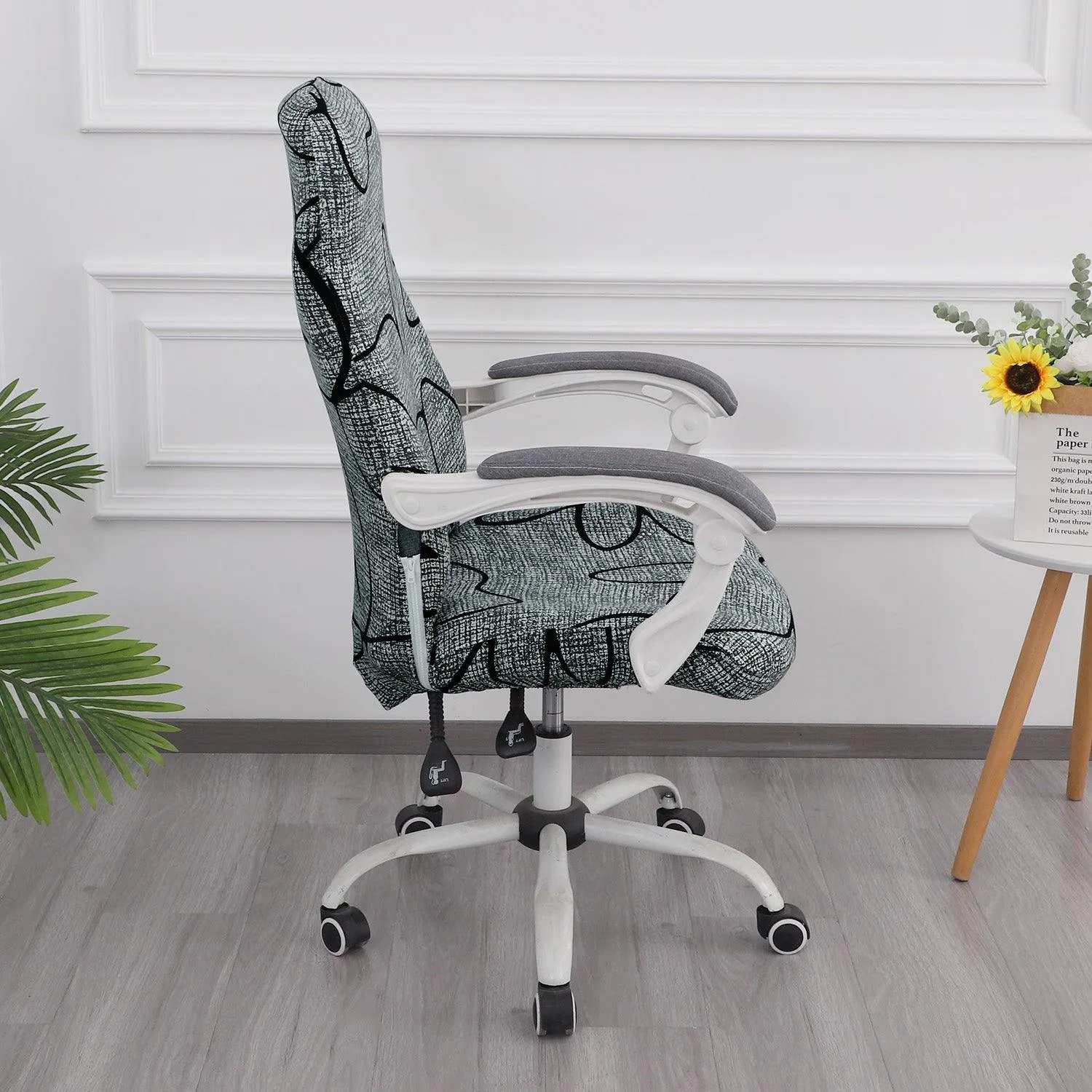 HOKIPO 140gsm Stretchable Office Chair Cover, Intense Grey Abstract Floral - Medium / Large