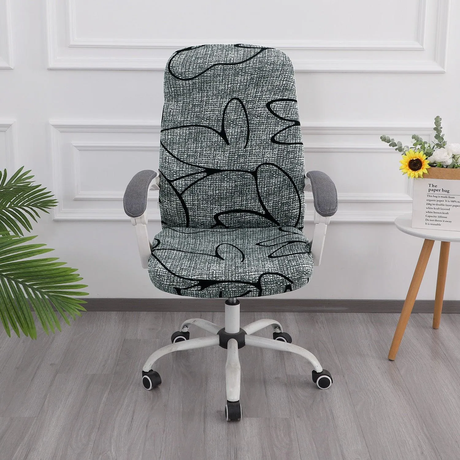 HOKIPO 140gsm Stretchable Office Chair Cover, Intense Grey Abstract Floral - Medium / Large