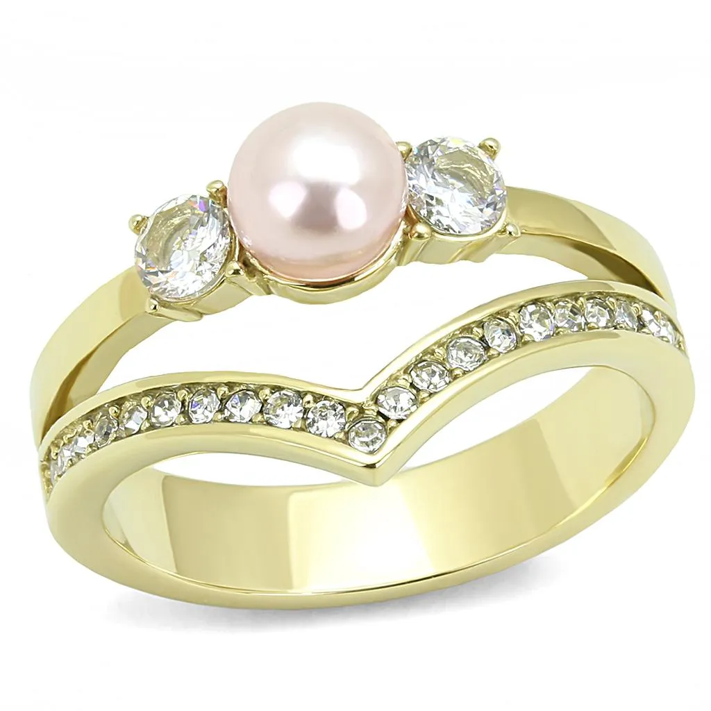 IP Gold(Ion Plating) Stainless Steel Ring with Synthetic Pearl in Rose for Women Style TK3126