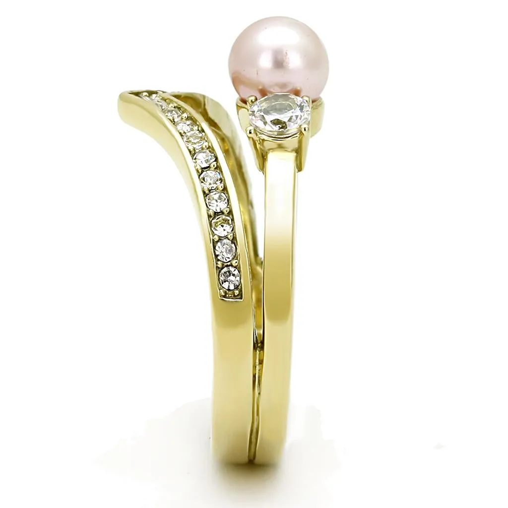 IP Gold(Ion Plating) Stainless Steel Ring with Synthetic Pearl in Rose for Women Style TK3126