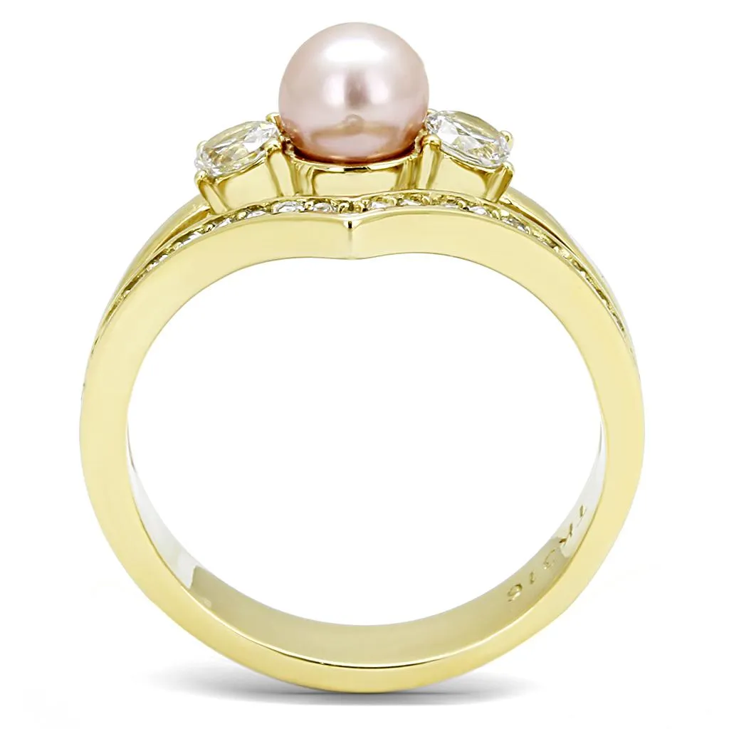 IP Gold(Ion Plating) Stainless Steel Ring with Synthetic Pearl in Rose for Women Style TK3126