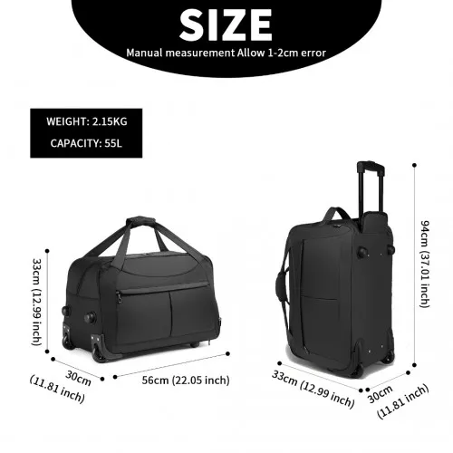 Kono Foldable Large Capacity Trolley Travel Bag - Black | Lightweight & Durable - EQ2235