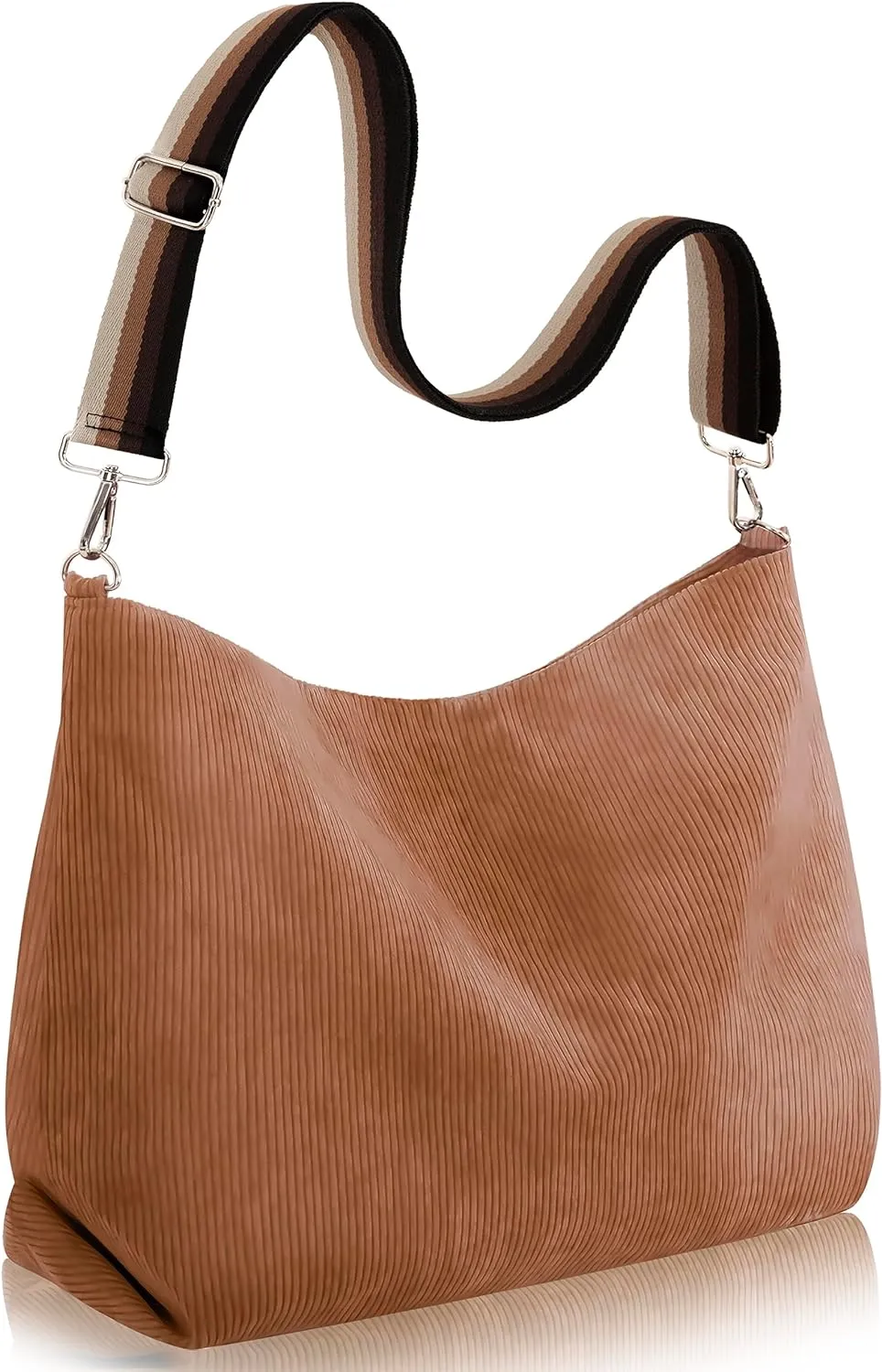 Large Corduroy Shoulder Tote Bag with Zipper and Pockets