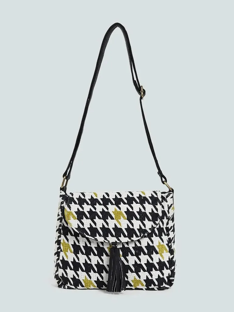 LOV Black & Lime Houndstooth Tote Bag