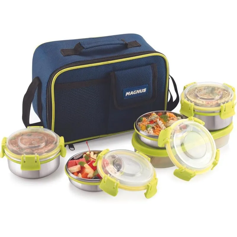 Magnus Hybrid 5 Lunch Box - Premium Stainless Steel Tiffin Set for Kids, Boys, Men and Women - Ideal Lunch Boxes for Office Men, Leakproof Containers, Insulated Cover