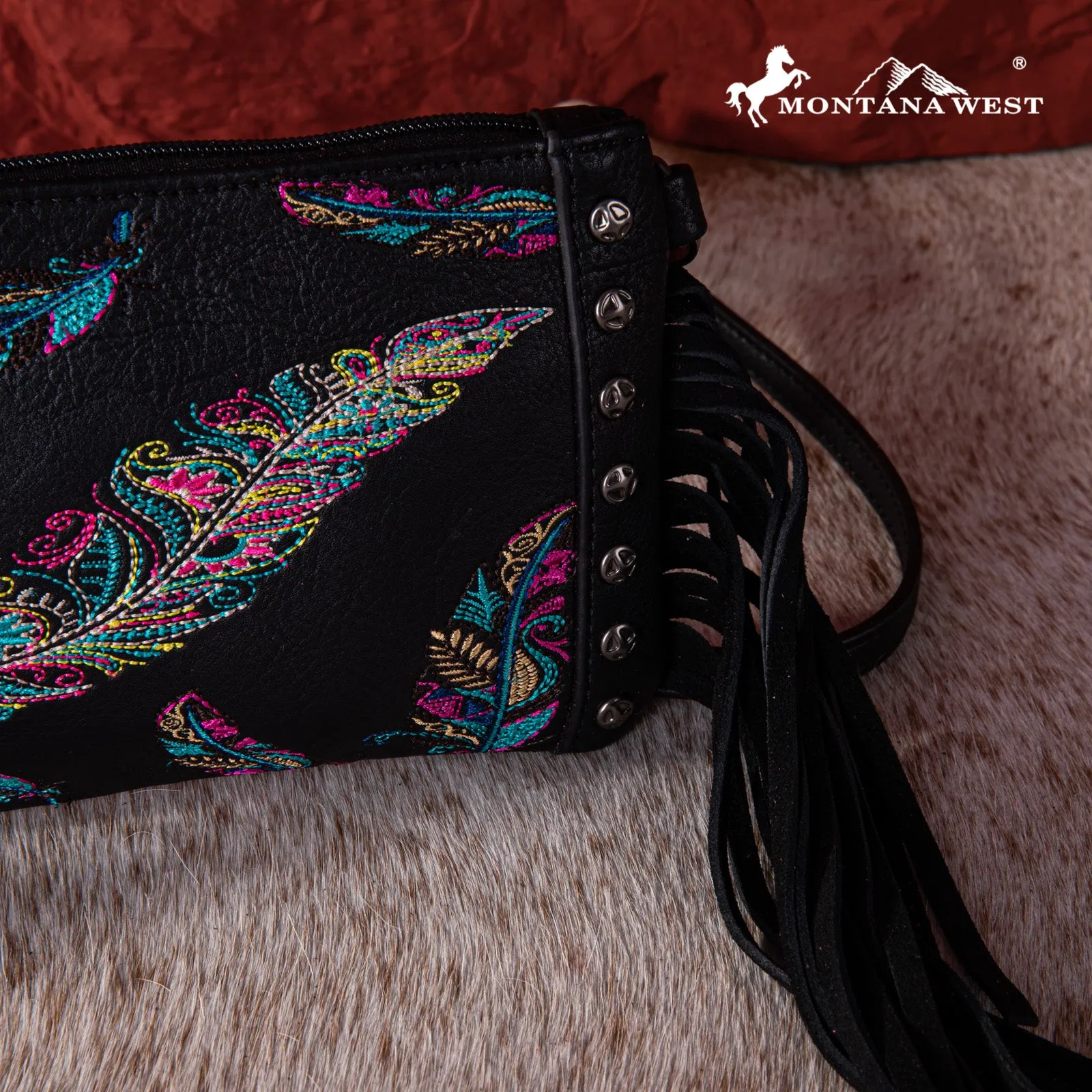 MW1242-181 Montana West Embroidered Feather Collection Clutch/Crossbody