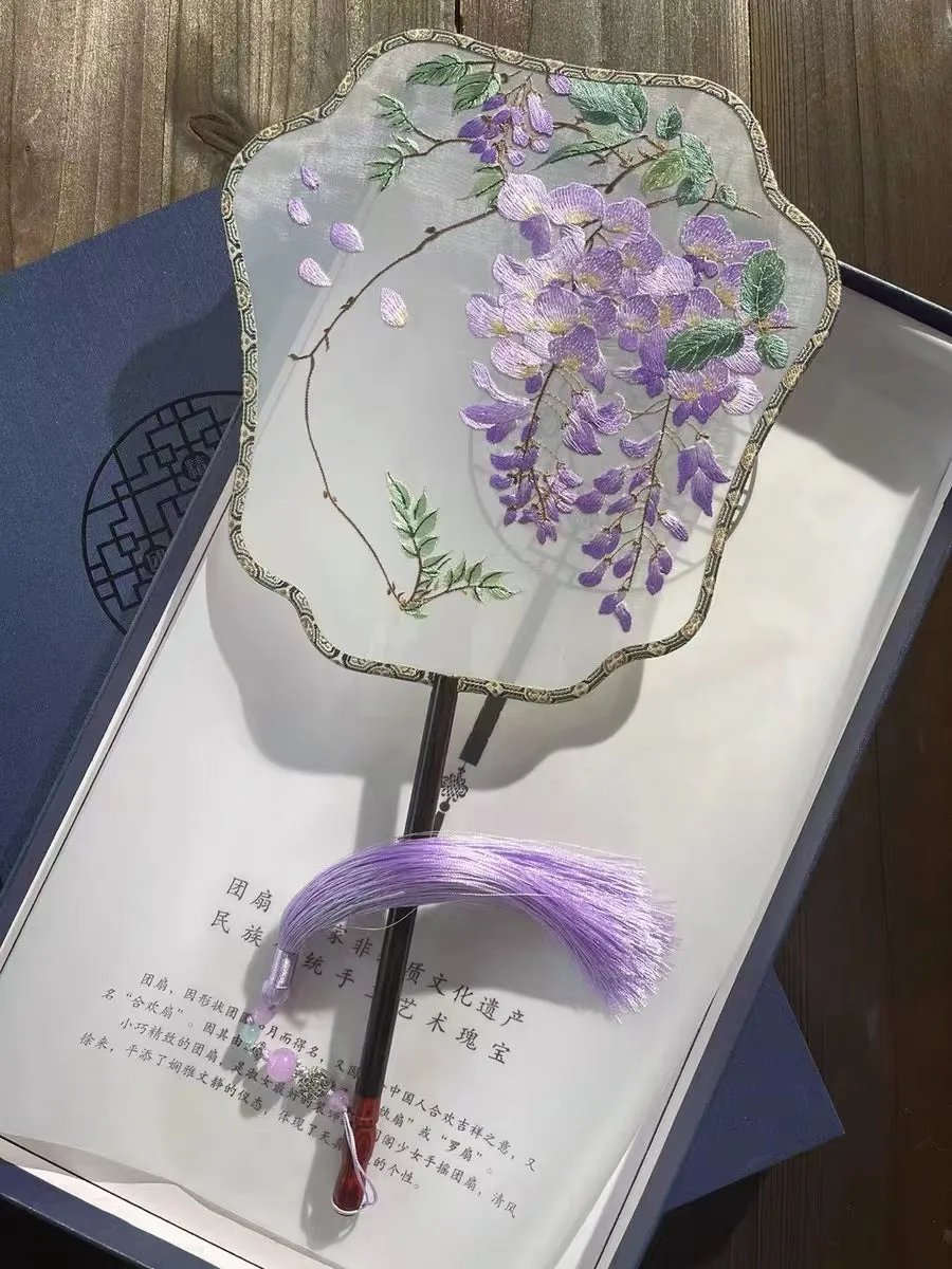 Nature Inspired Beautiful Purple Wisteria Blooming Single-Sided Embroidered Decorative Fan Chinese Gift