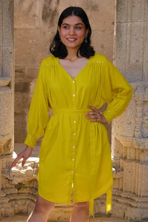 Okhai "Golden Amaltas" Pure Cotton Mul Mirrorwork Dress