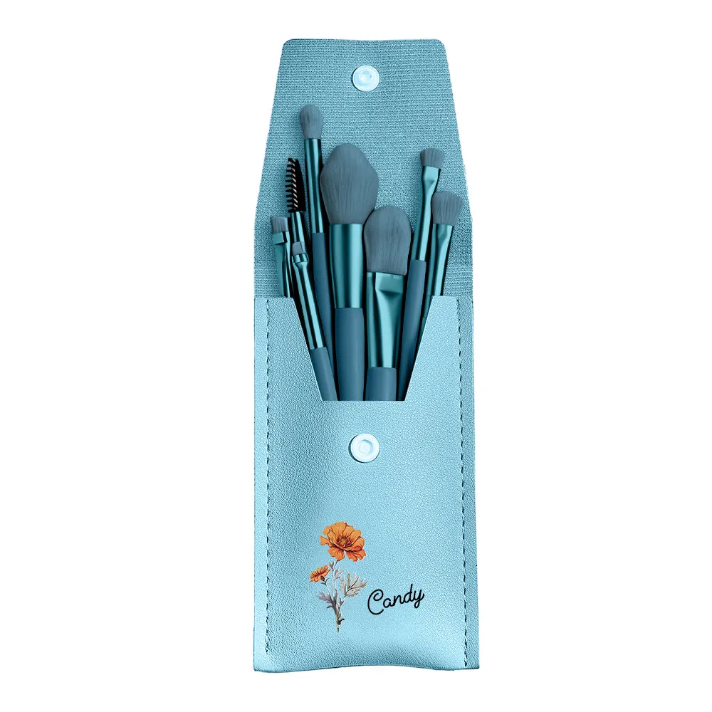 Personalized Birth Flower Leather Makeup Brush Bag with 8 Pcs Makeup Brushes Birthday Wedding Gift